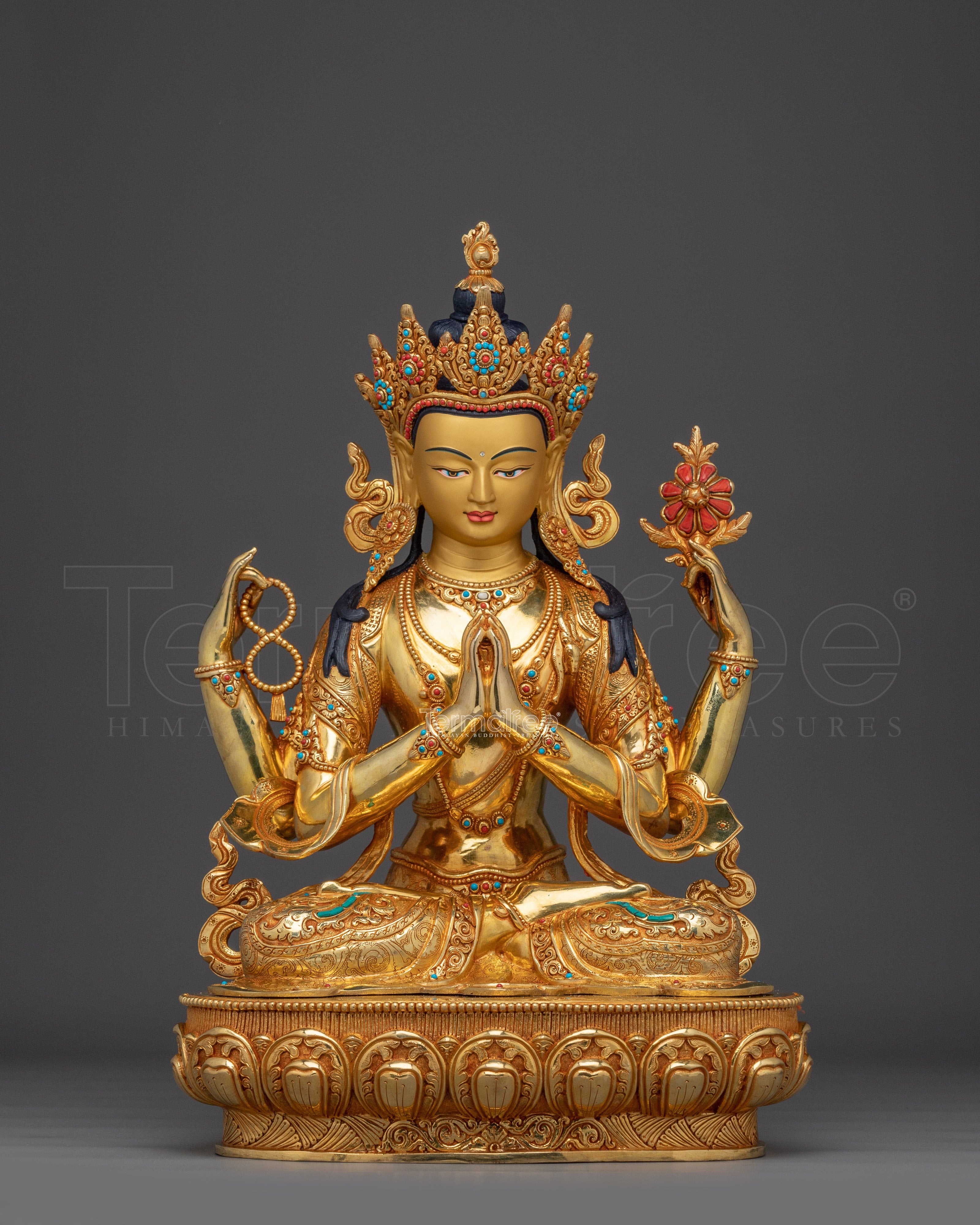 Four-Armed Avalokiteshvara Compassion Sculpture | Chenrezig Deity with 24K Gold Gilding