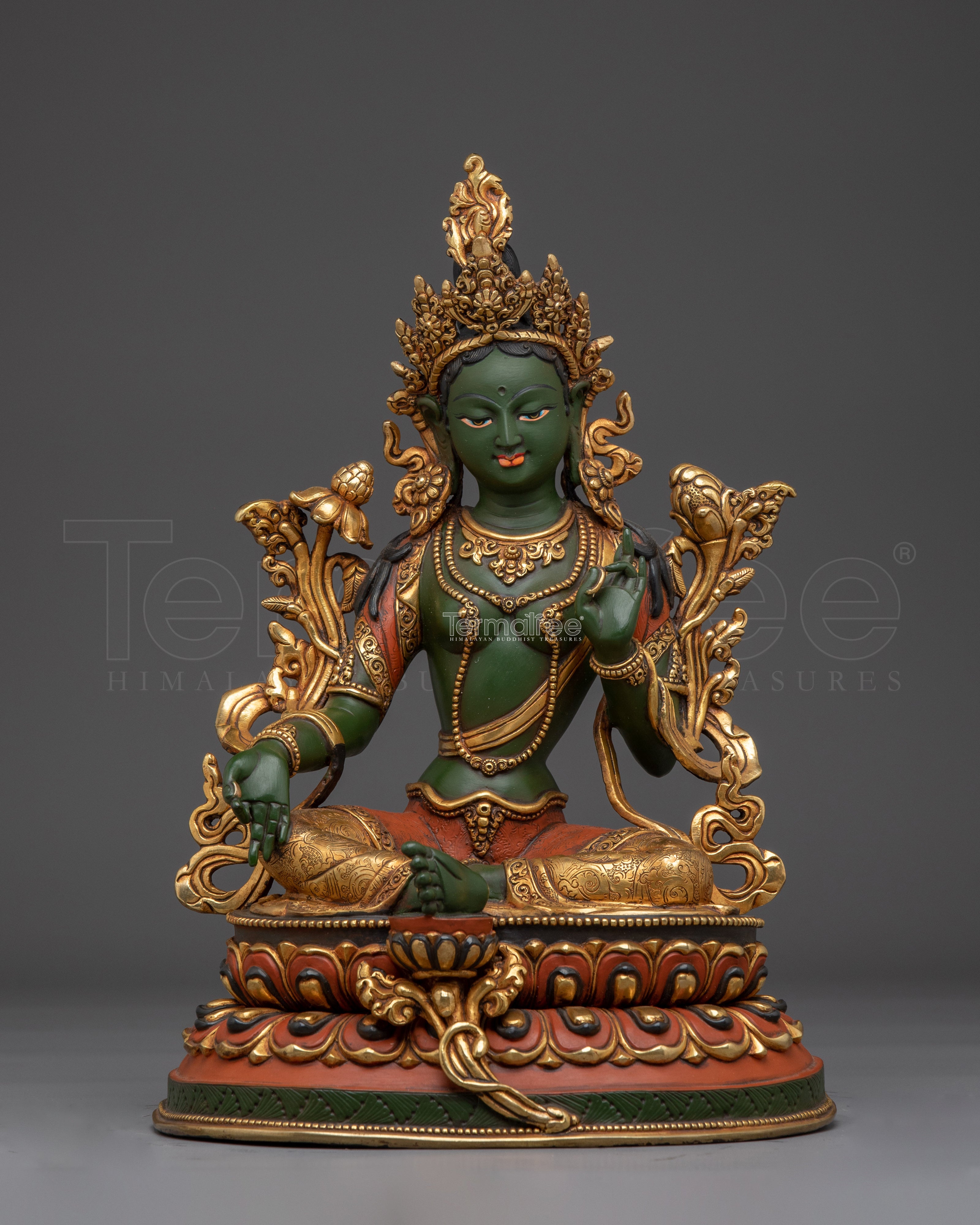 Green Tara 24K Gold Gilded Copper Sculpture | Tibetan Goddess of Compassion for Altar