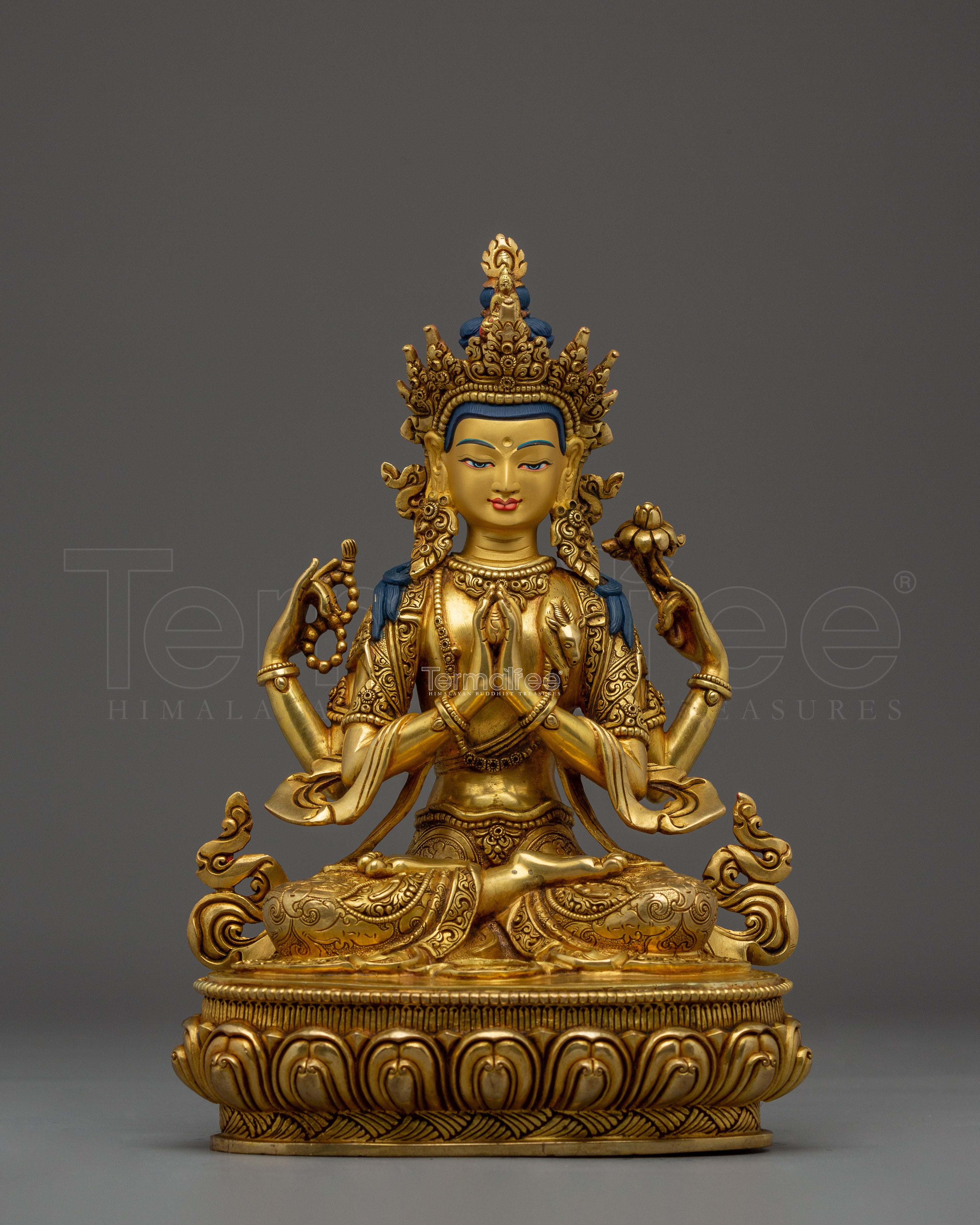 Tibetan Gold Gilded Chenrezig Art with Copper Body | Bodhisattva of Compassion
