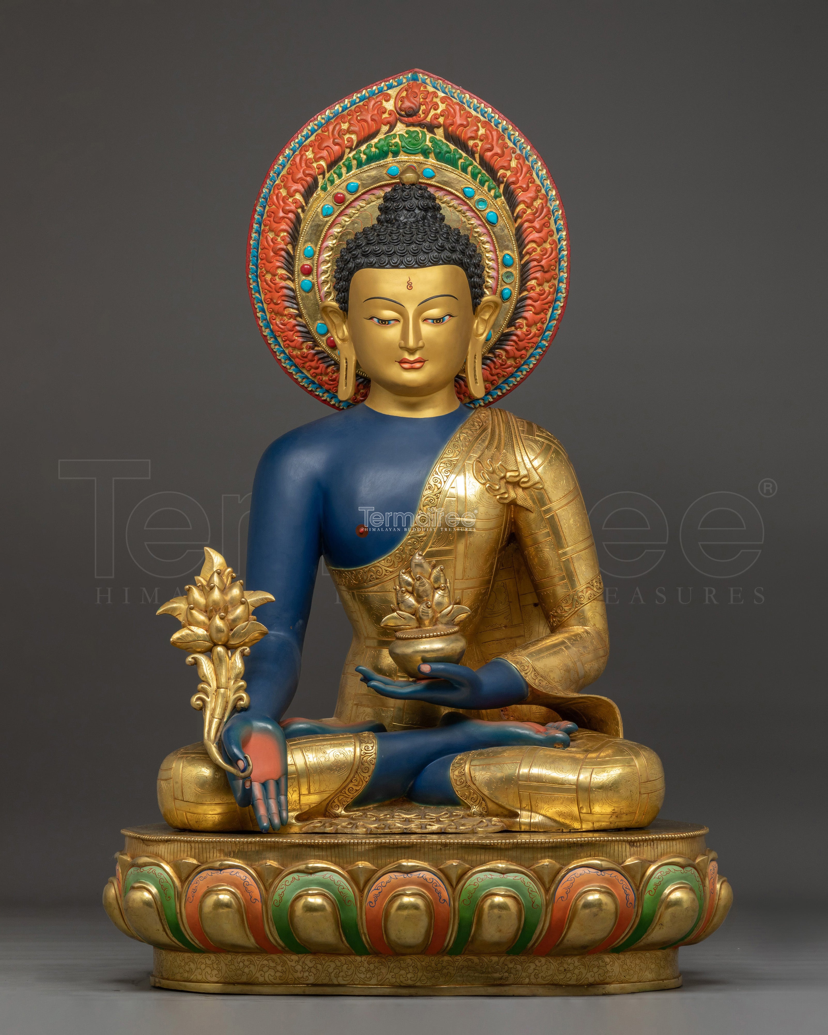 Medicine Buddha Statue in 24K Gold with Gemstones | Healing Buddha for Altar Decor
