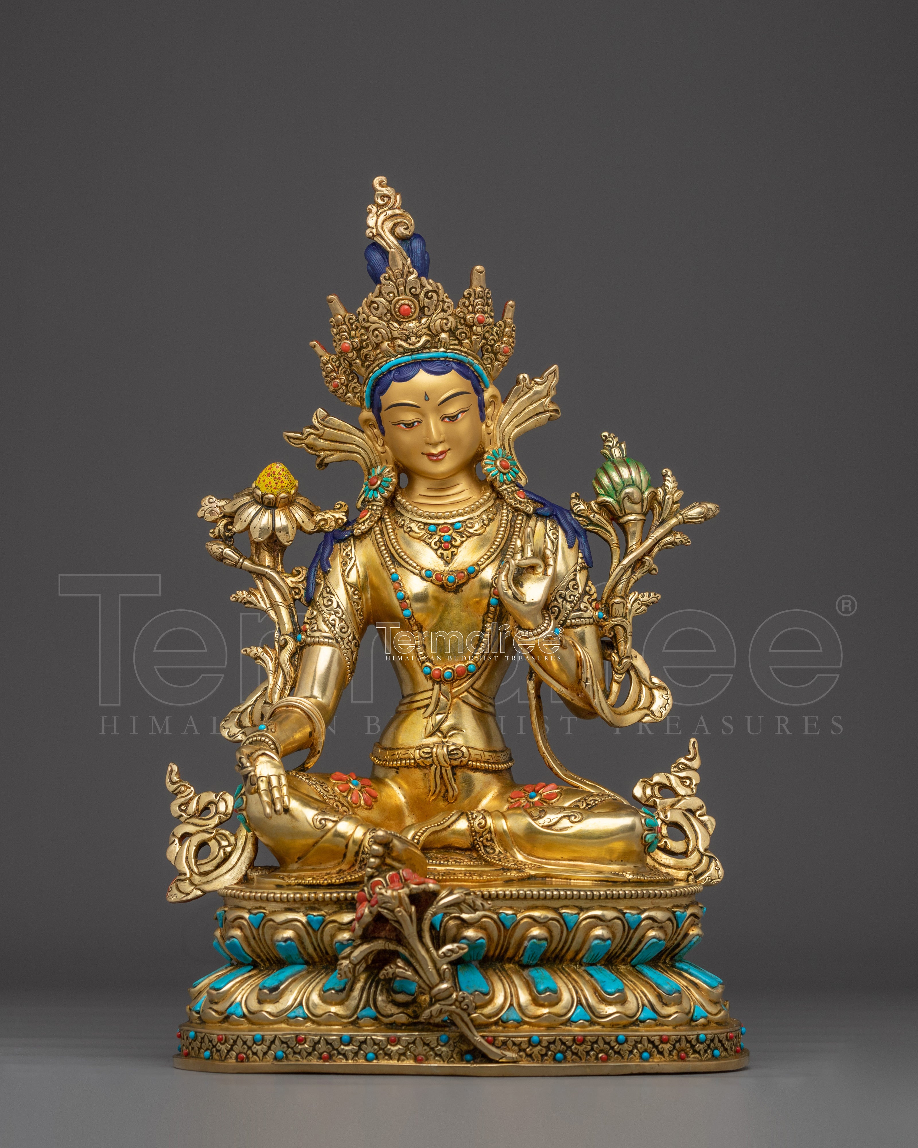 Green Tara Copper Sculpture with Gemstone Inlays | Buddhist Deity for Healing