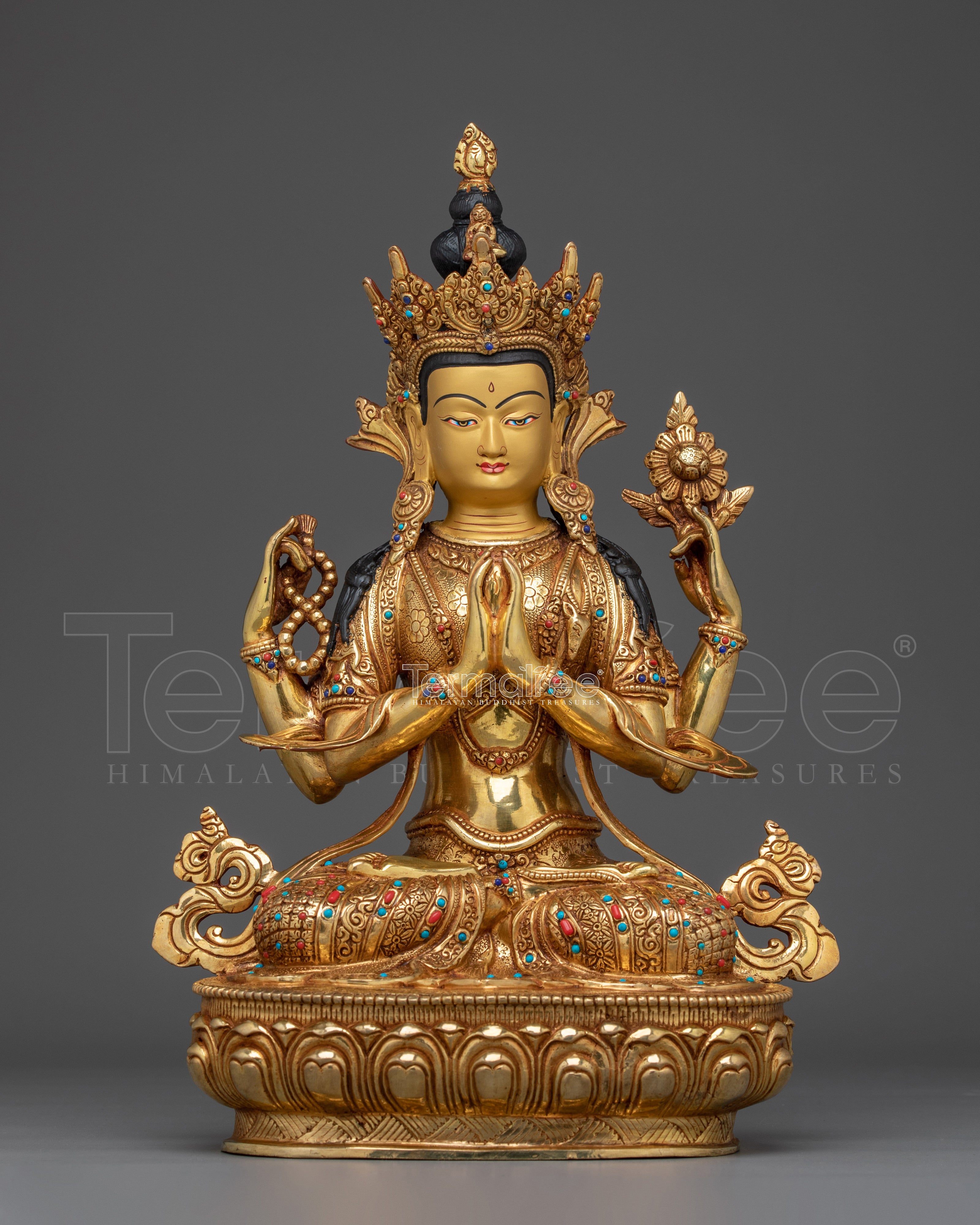 Golden Four Armed Chenrezig Art with Copper Body | Tibetan Buddha of Compassion