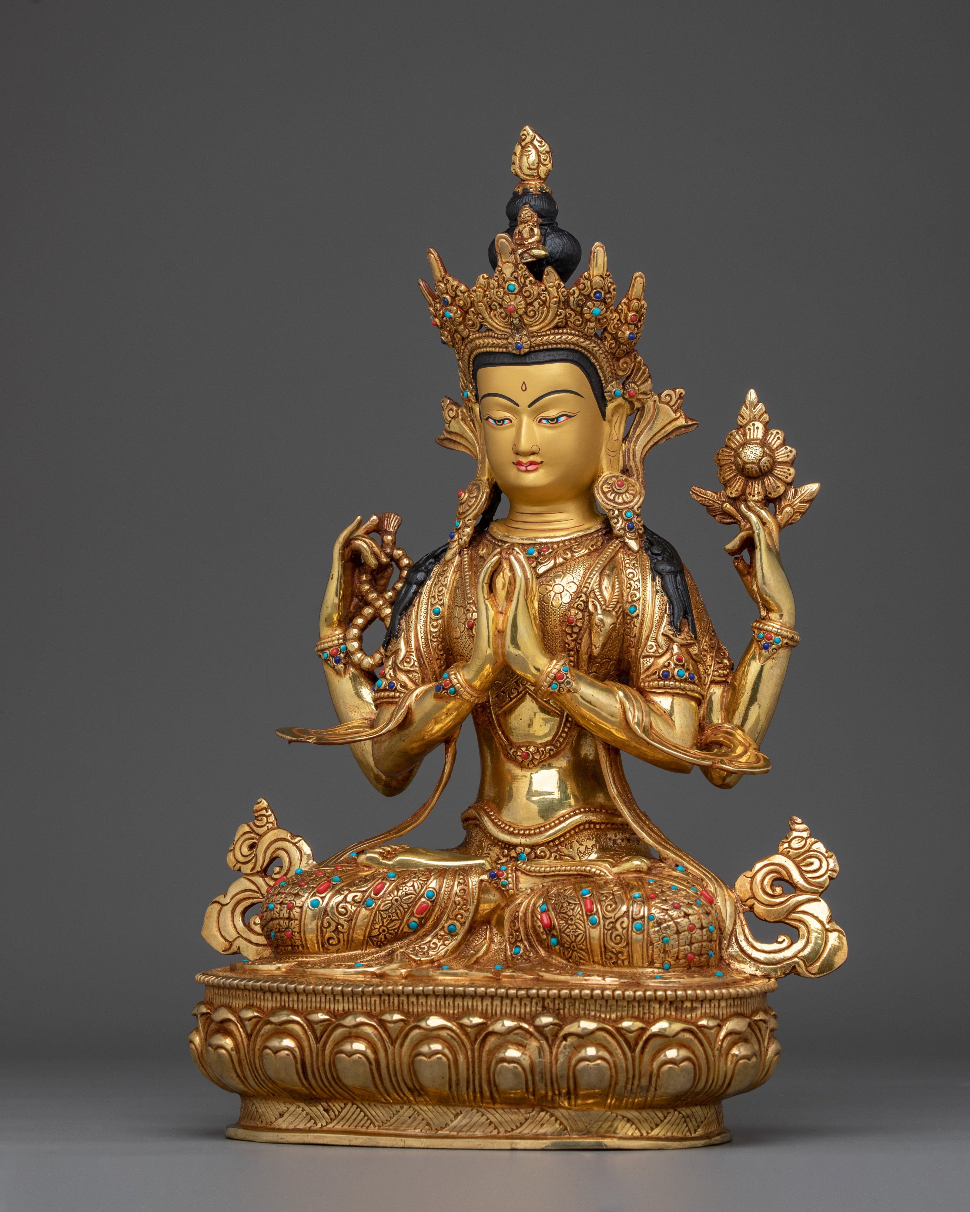 Golden Four Armed Chenrezig Art with Copper Body | Tibetan Buddha of Compassion