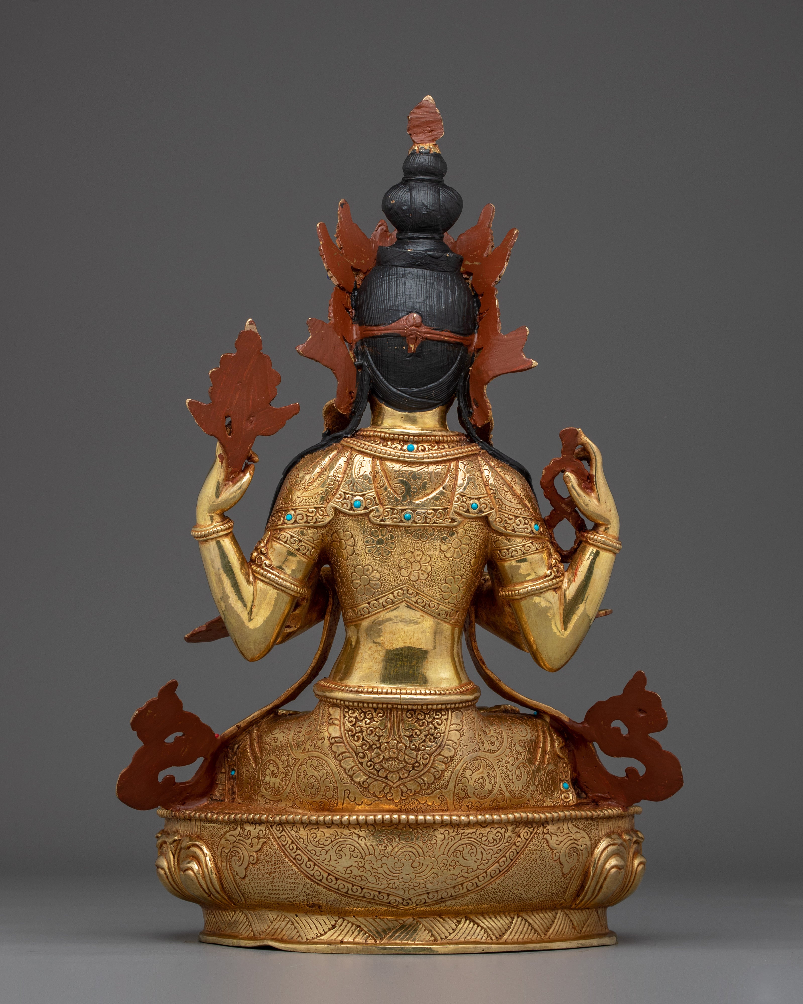 Golden Four Armed Chenrezig Art with Copper Body | Tibetan Buddha of Compassion