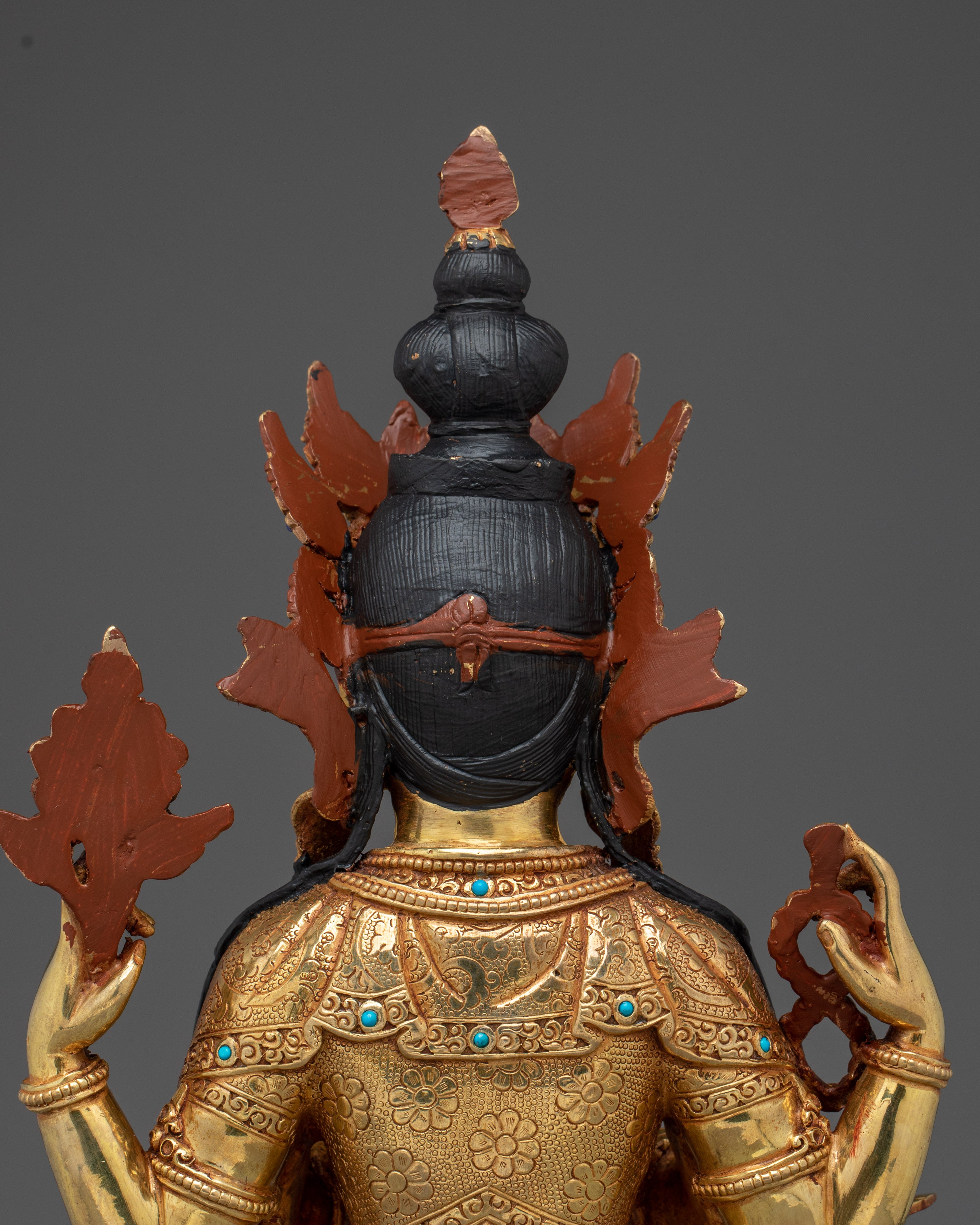 Golden Four Armed Chenrezig Art with Copper Body | Tibetan Buddha of Compassion