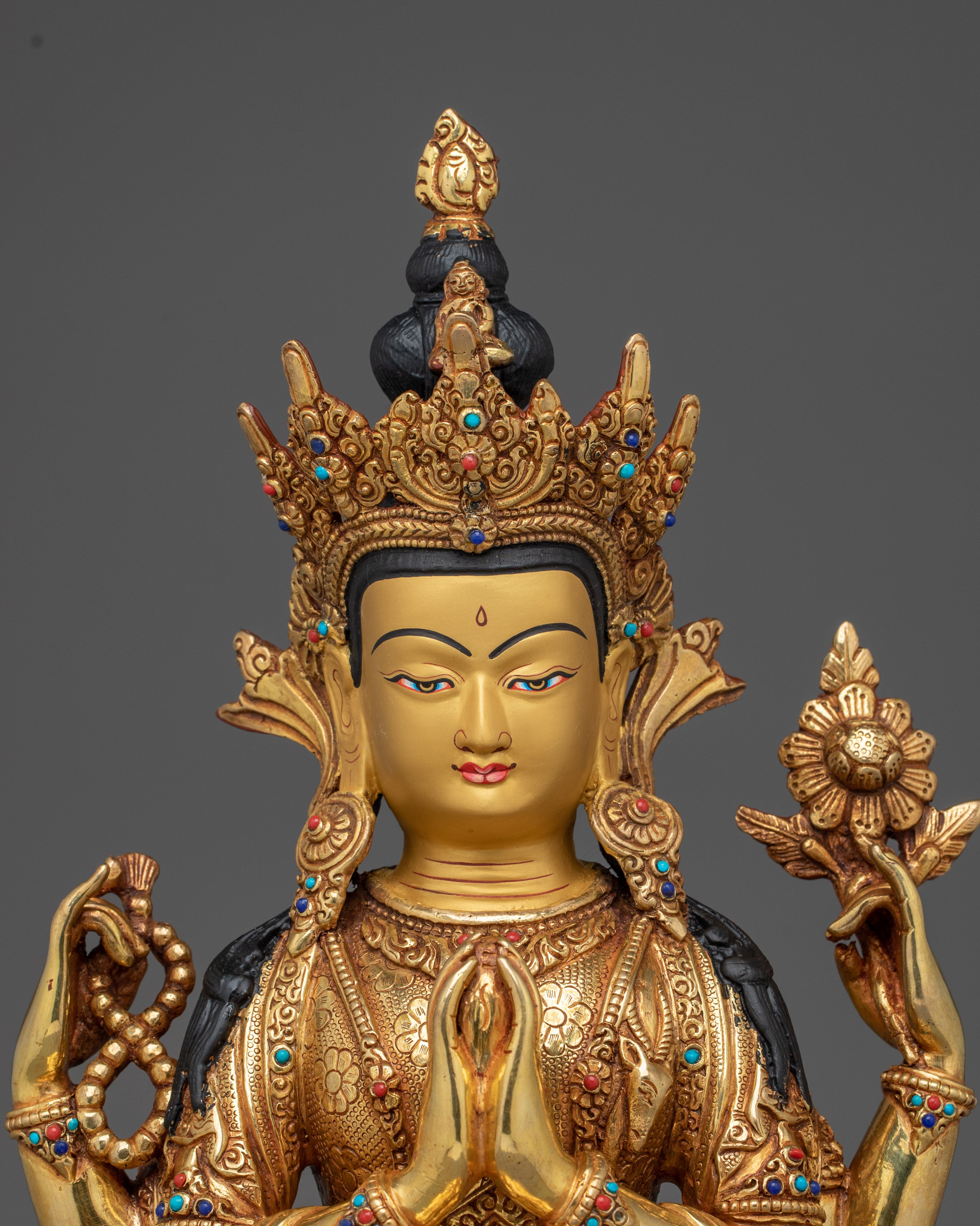 Golden Four Armed Chenrezig Art with Copper Body | Tibetan Buddha of Compassion