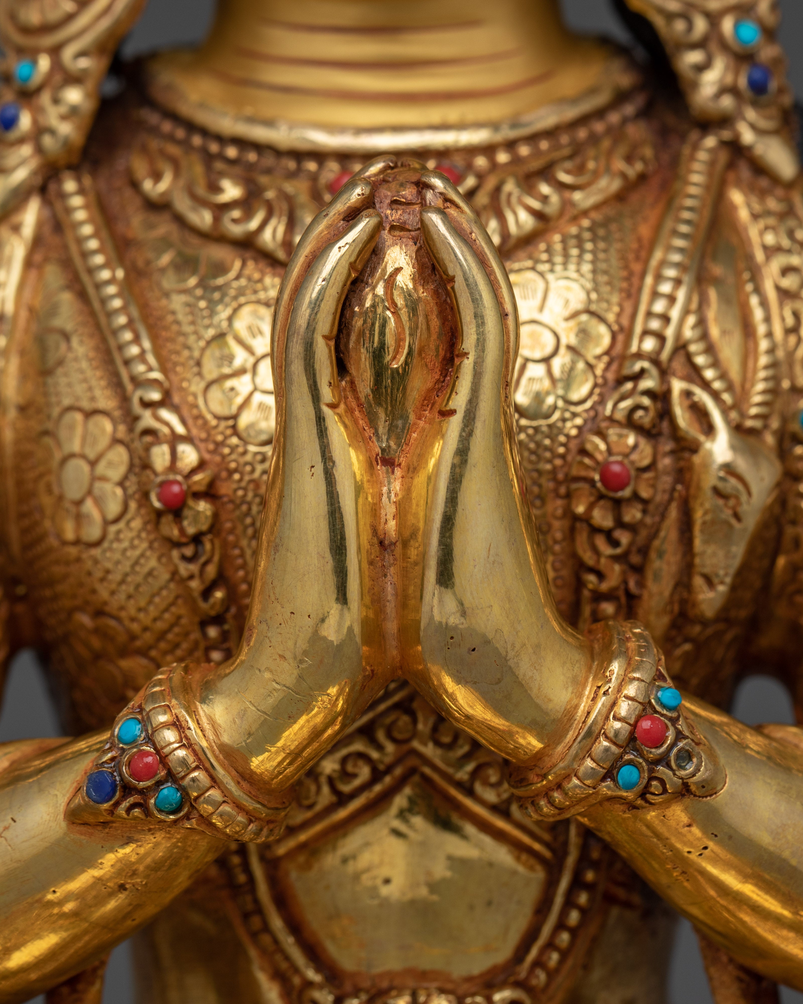 Golden Four Armed Chenrezig Art with Copper Body | Tibetan Buddha of Compassion