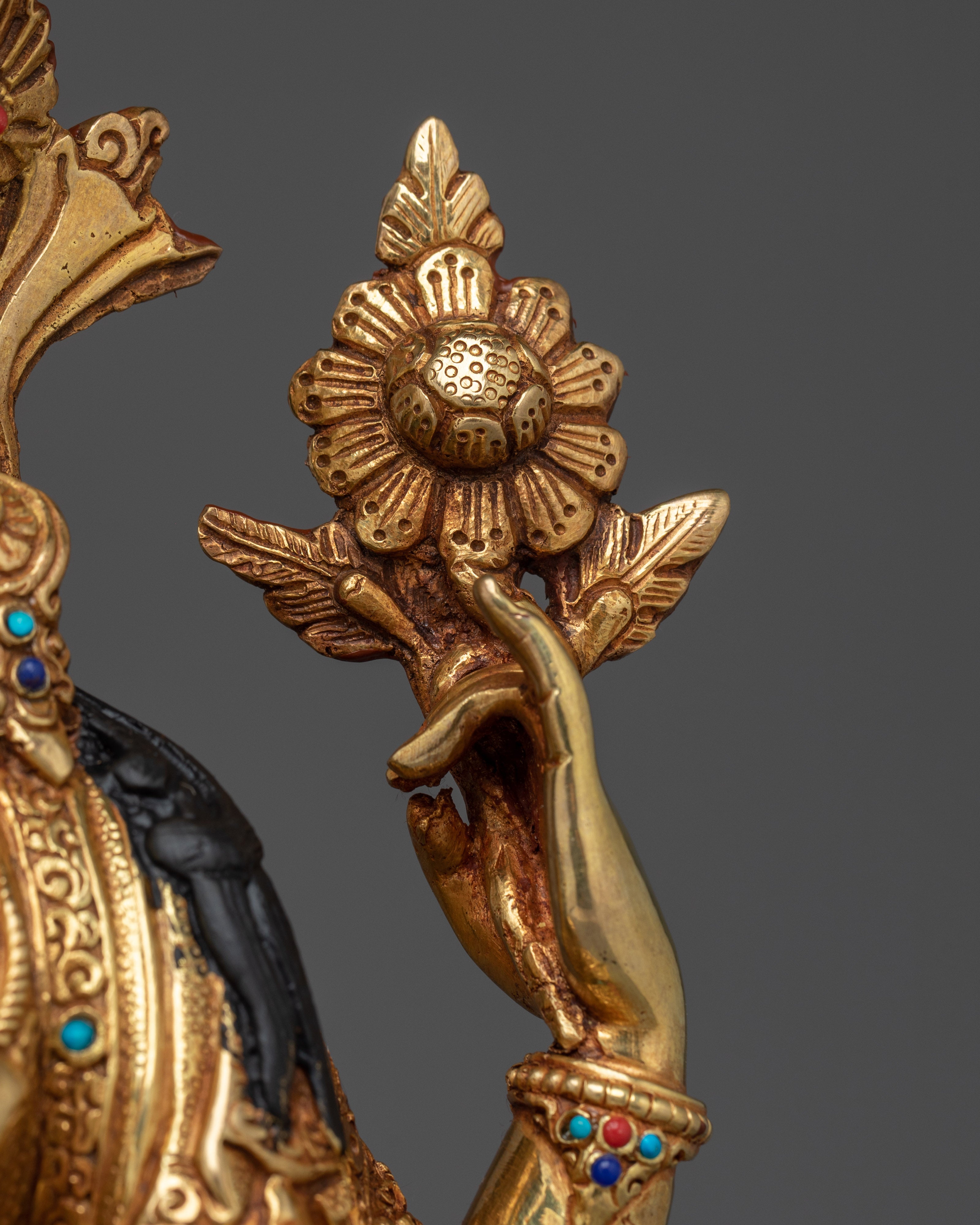 Golden Four Armed Chenrezig Art with Copper Body | Tibetan Buddha of Compassion