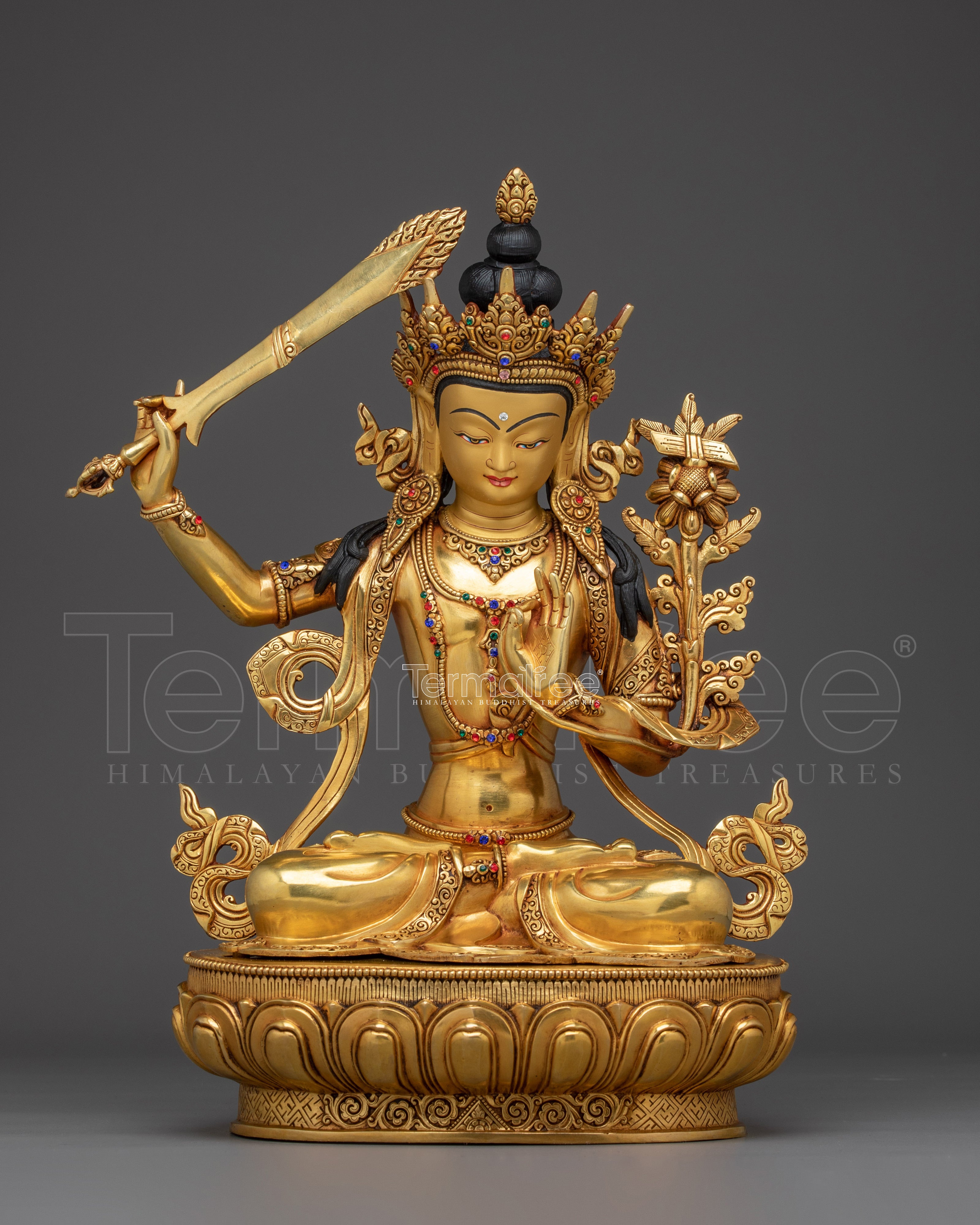 Golden Manjushri with Flaming Sword Statue | Wisdom Bodhisattva Deity