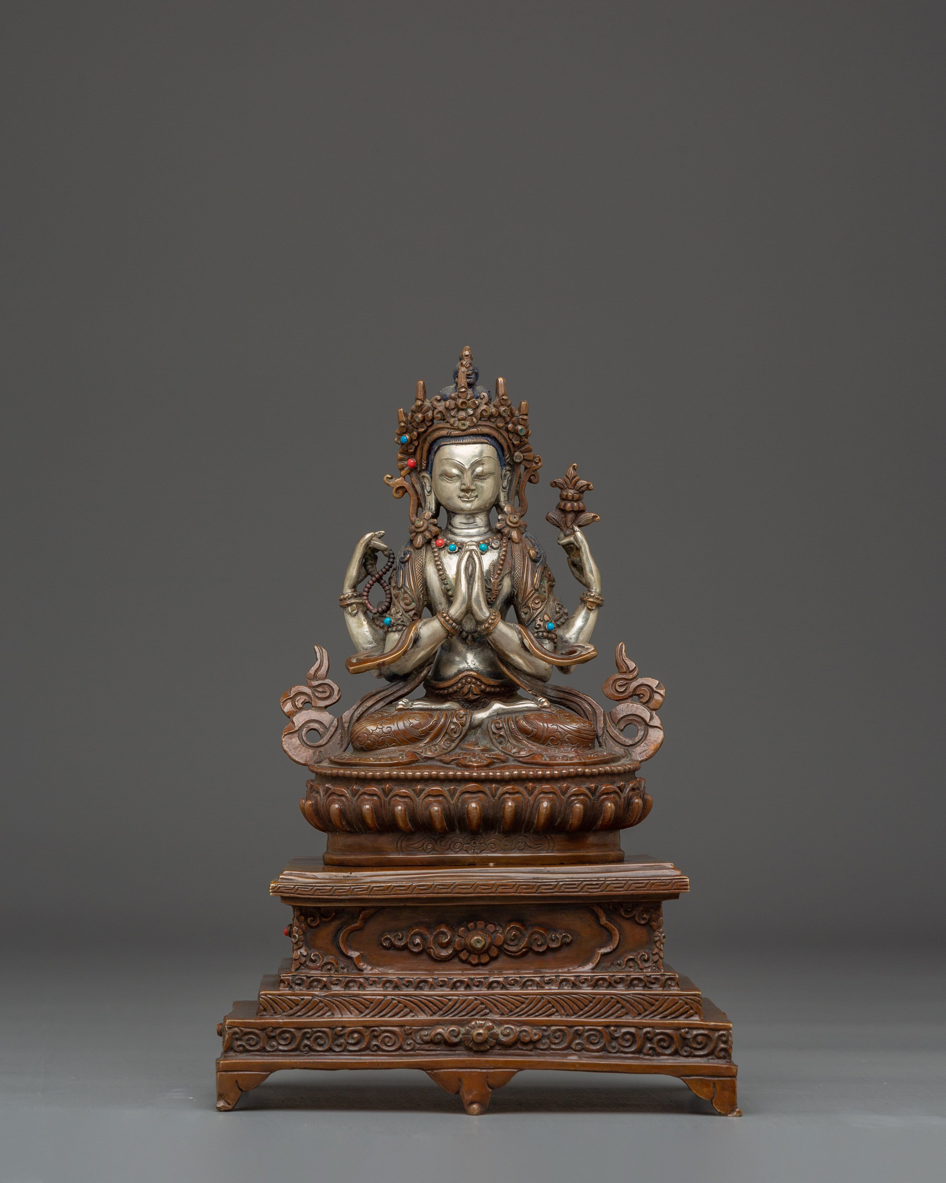 Chenrezig Sculpture with Throne for Spiritual | Avalokiteshvara for Tibetan Altar & Meditation