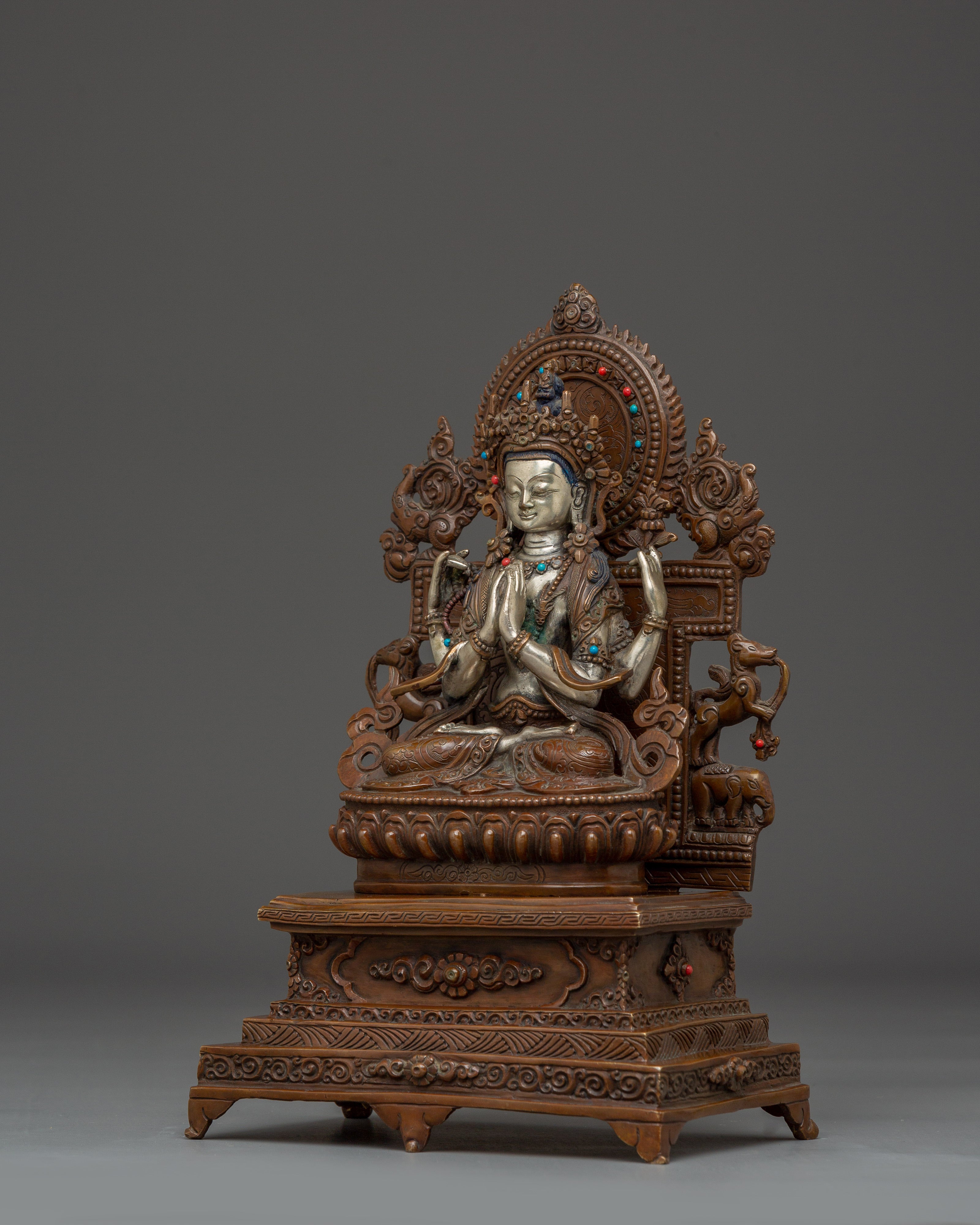 Chenrezig Sculpture with Throne for Spiritual | Avalokiteshvara for Tibetan Altar & Meditation