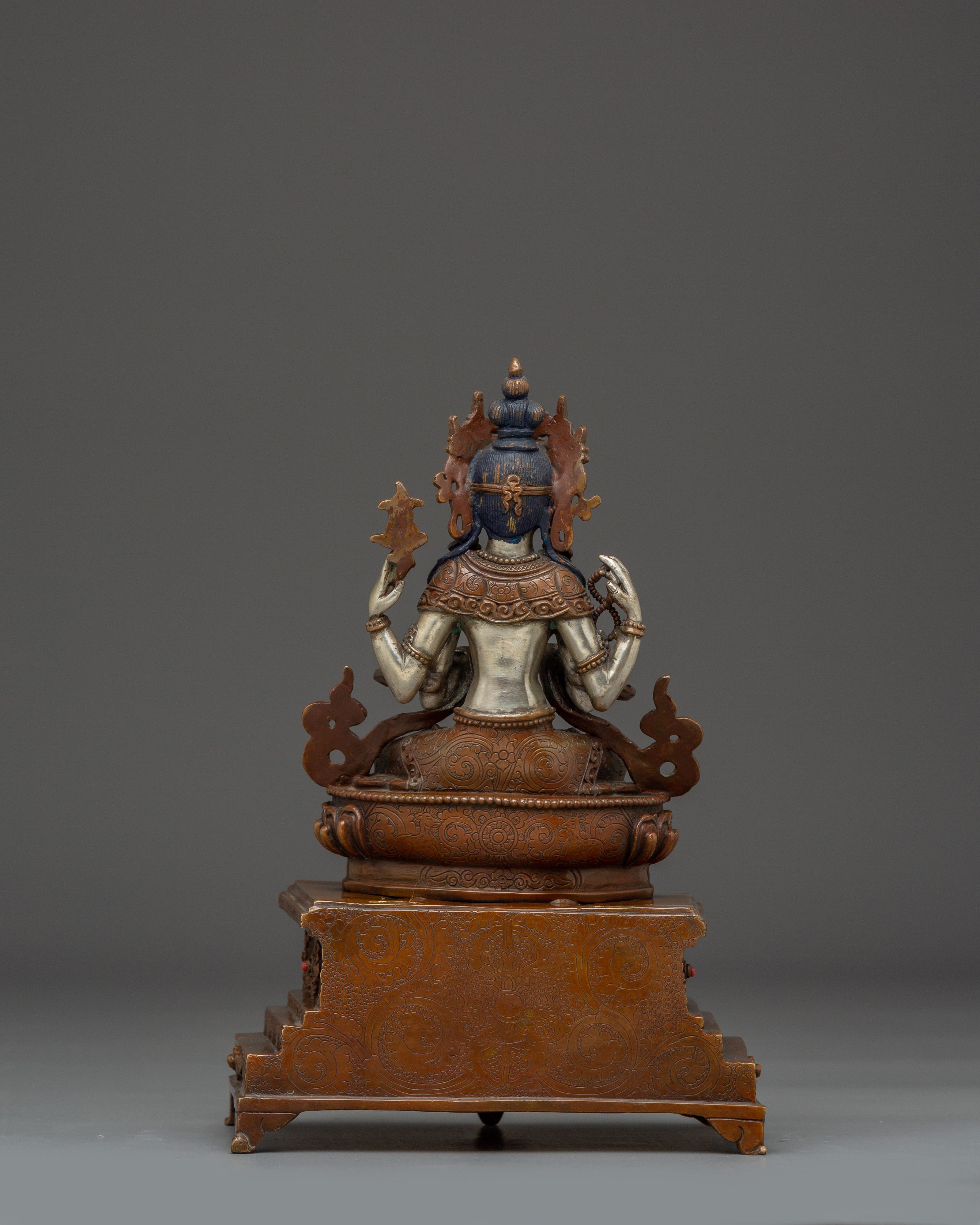 Chenrezig Sculpture with Throne for Spiritual | Avalokiteshvara for Tibetan Altar & Meditation