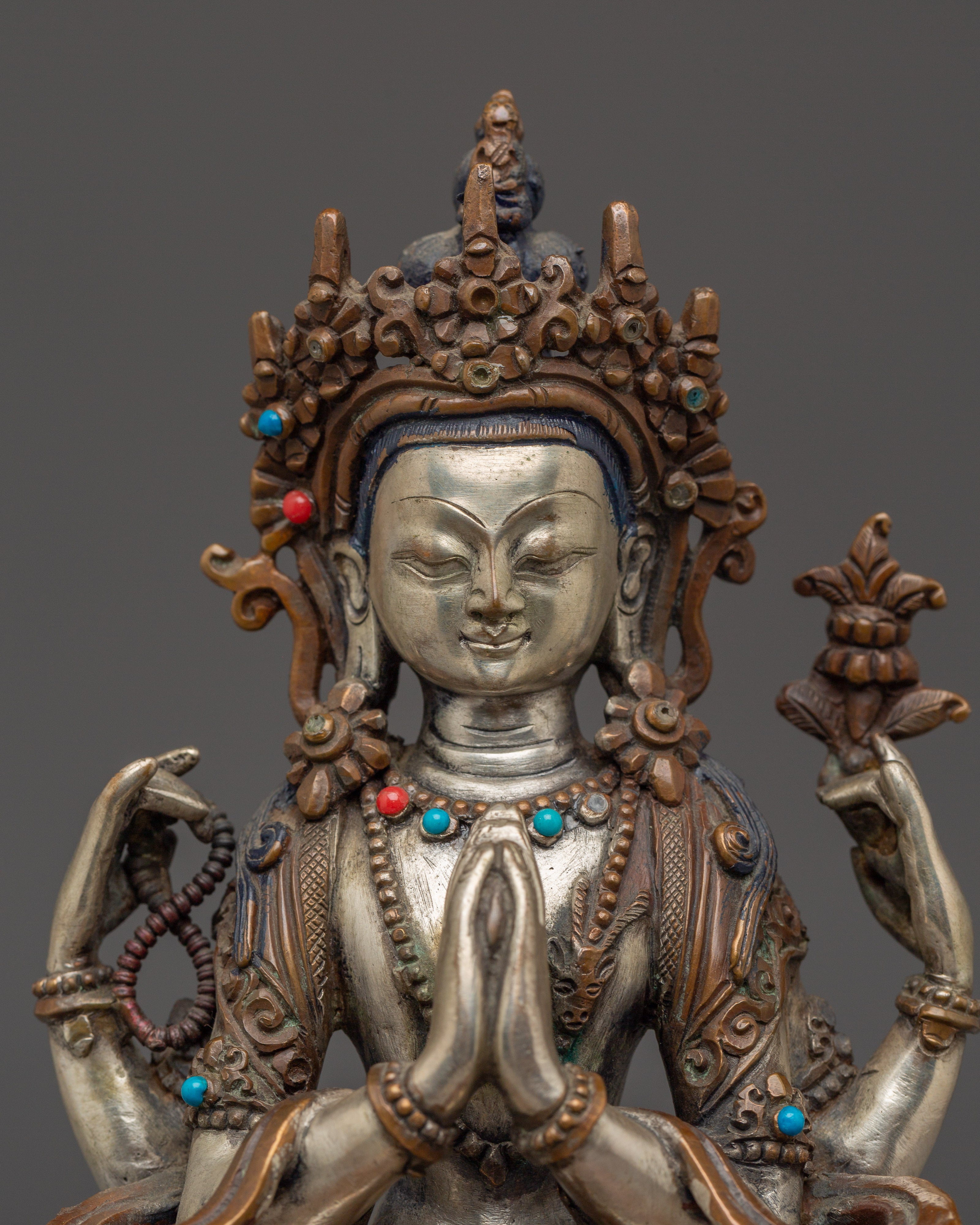 Chenrezig Sculpture with Throne for Spiritual | Avalokiteshvara for Tibetan Altar & Meditation