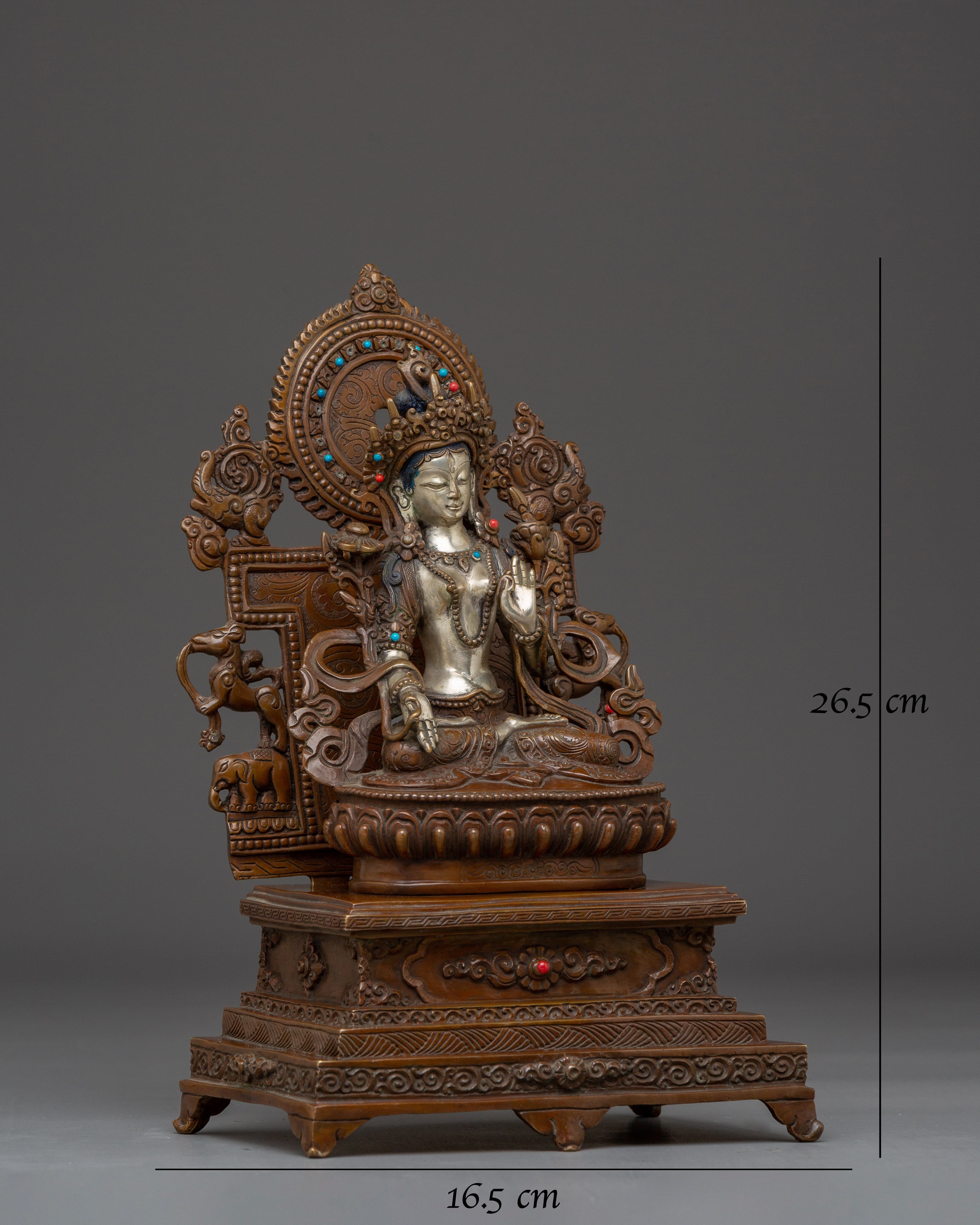 Silver & Copper White Tara Statue with Throne 