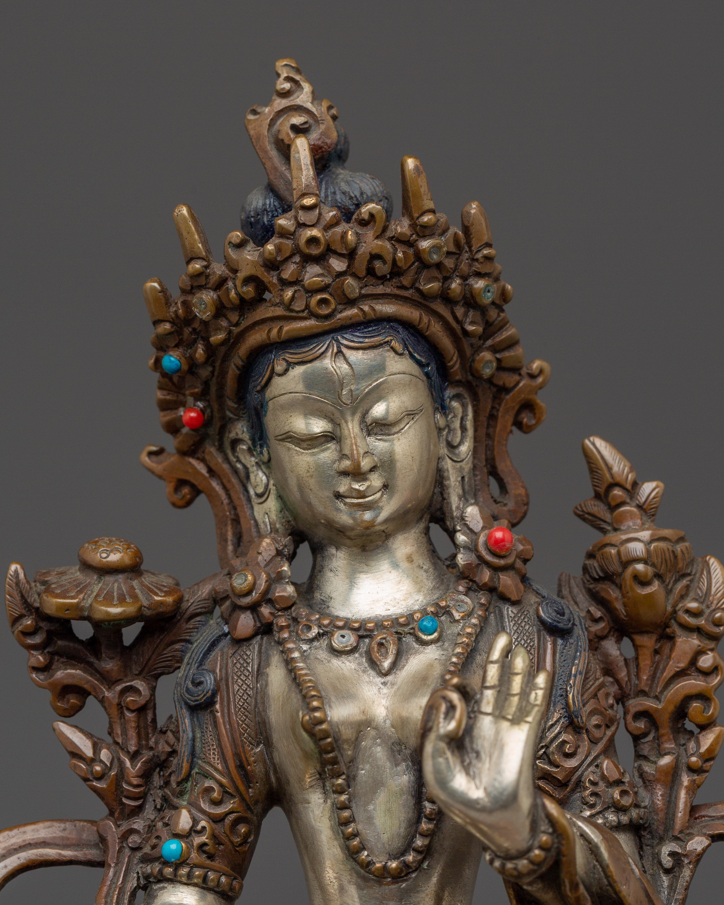 Silver and Copper White Tara Statue with Throne | Healing, Longevity & Spiritual Decor
