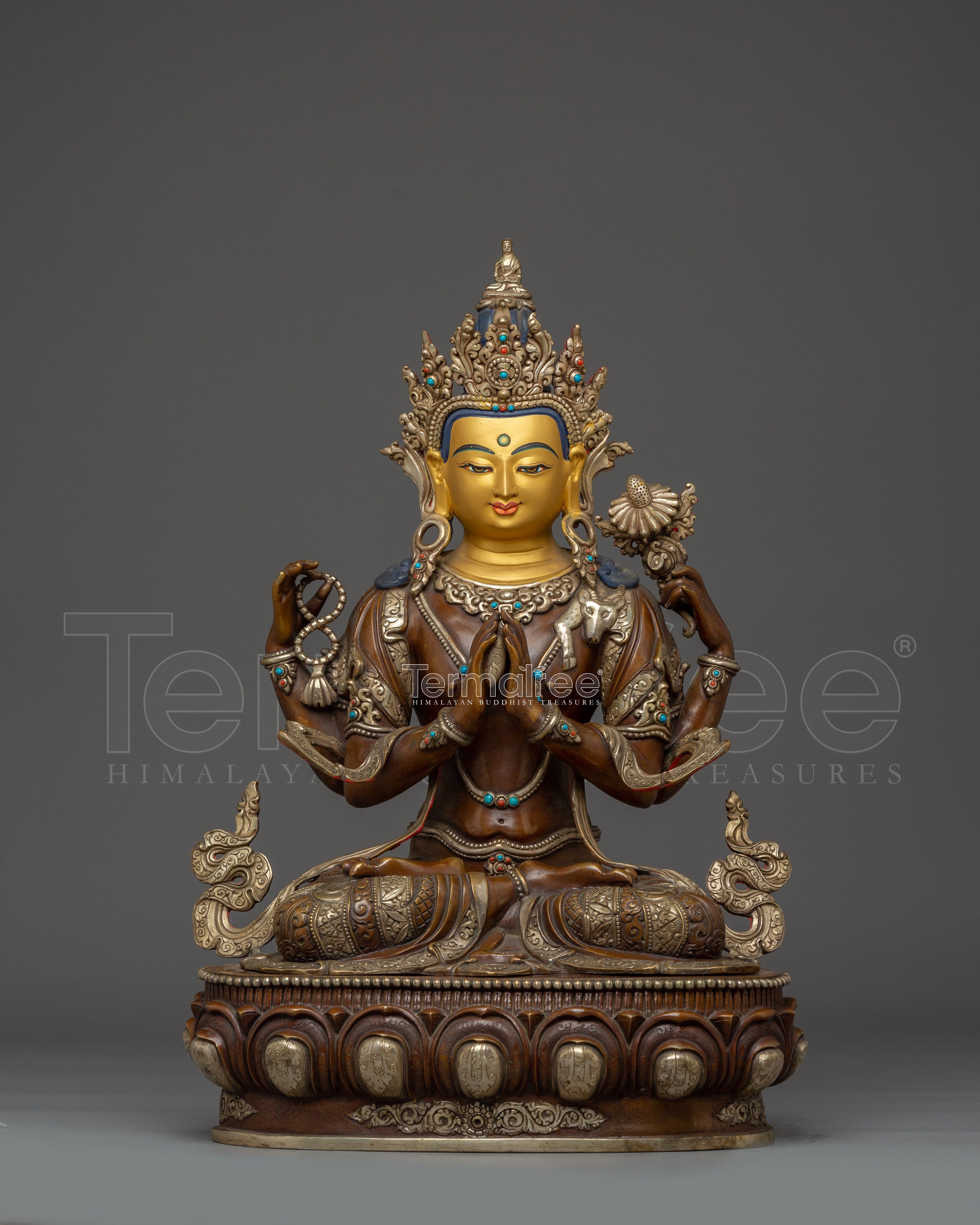 Oxidized Copper Statue of Chenrezig | Buddhist Spiritual Decor