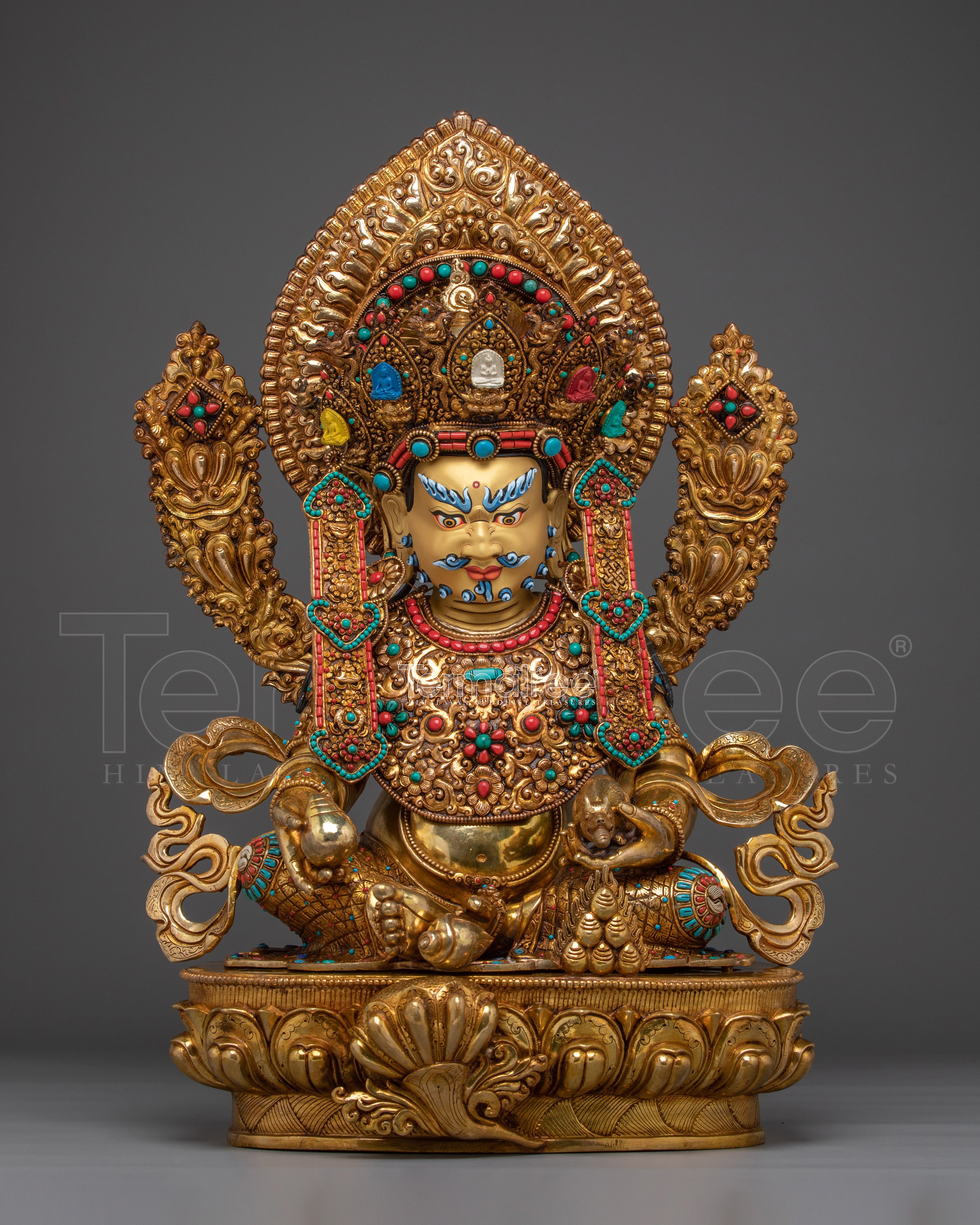 Crown Dzambhala Statue 24K Gold Gilded Statue | Copper Buddhist Wealth Deity Sculpture