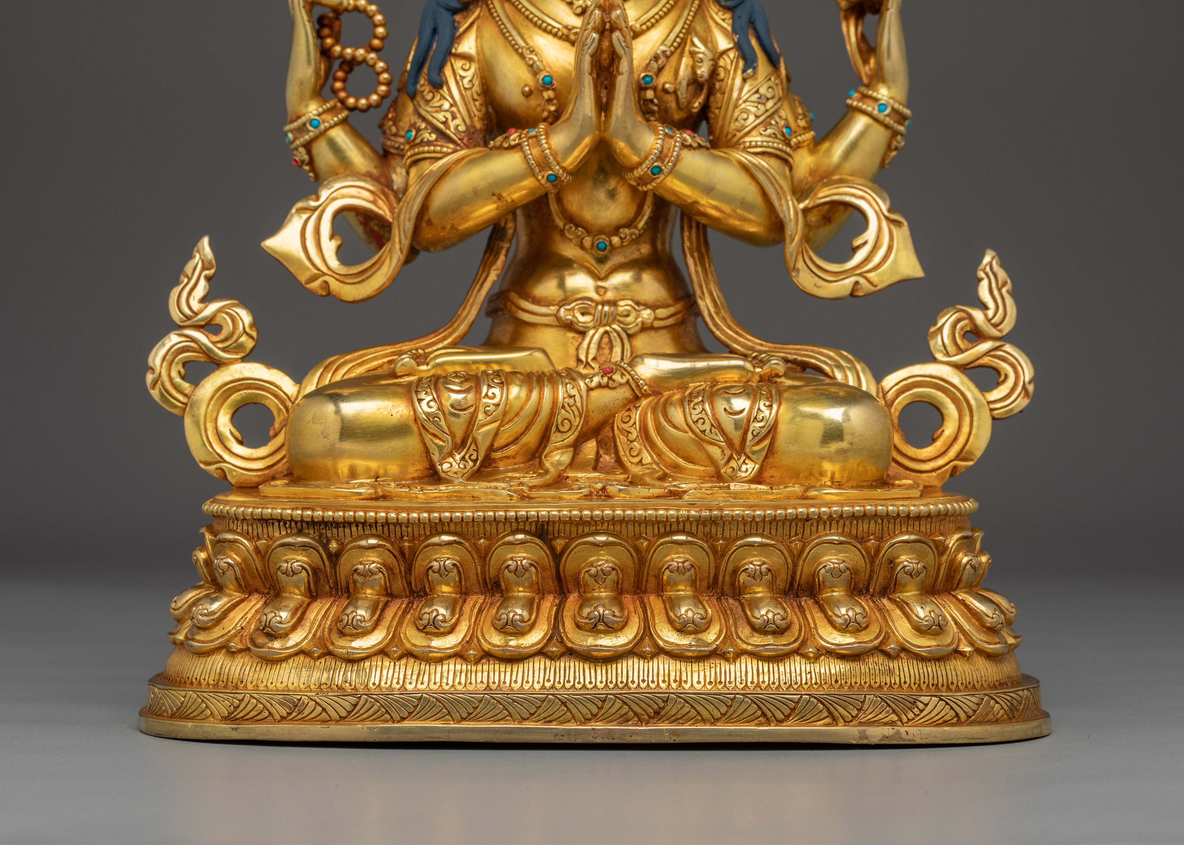 Gold Gilded Copper Avalokiteshvara Sculpture | Four-Armed Compassion Deity