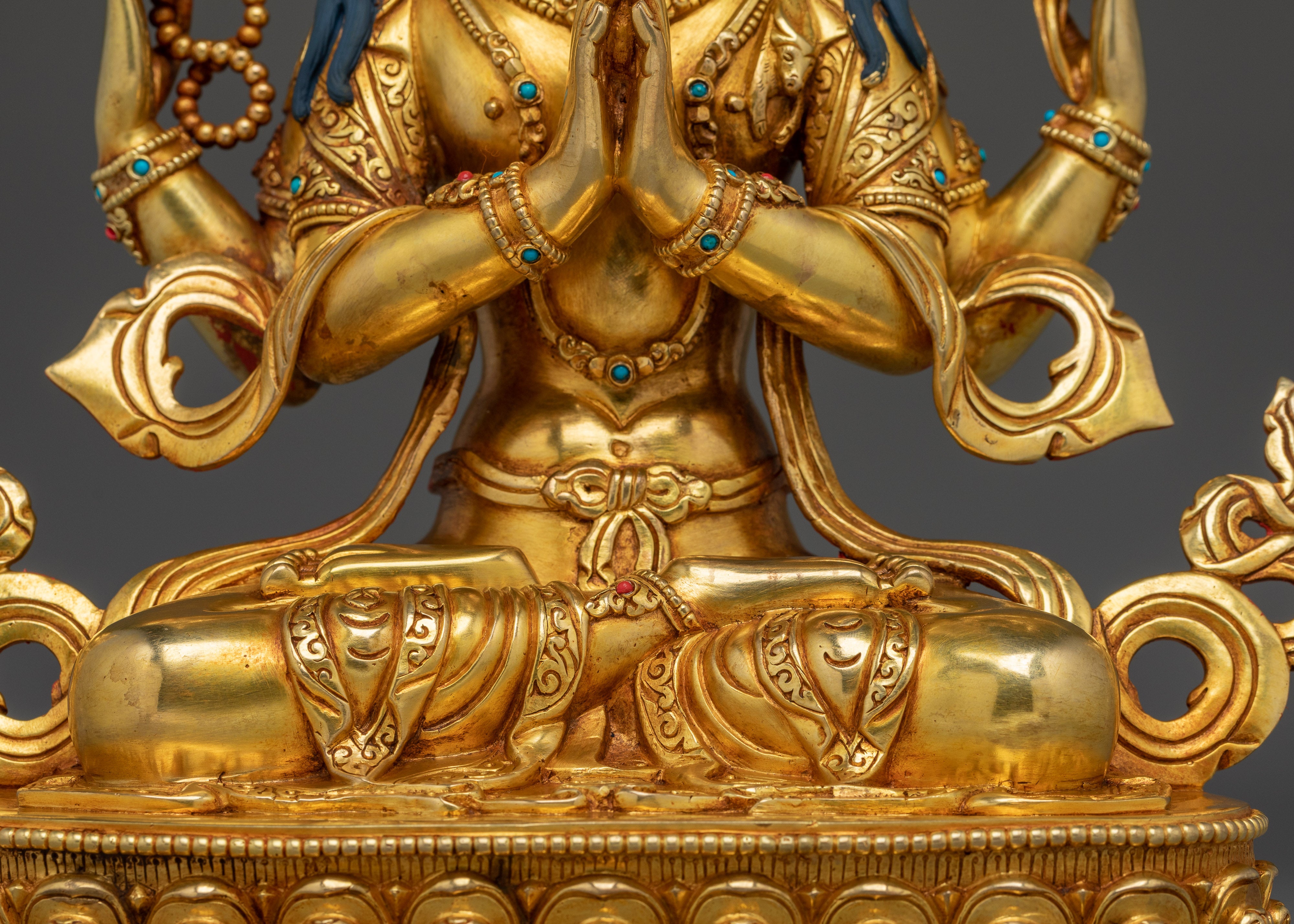 Gold Gilded Copper Avalokiteshvara Sculpture | Four-Armed Compassion Deity