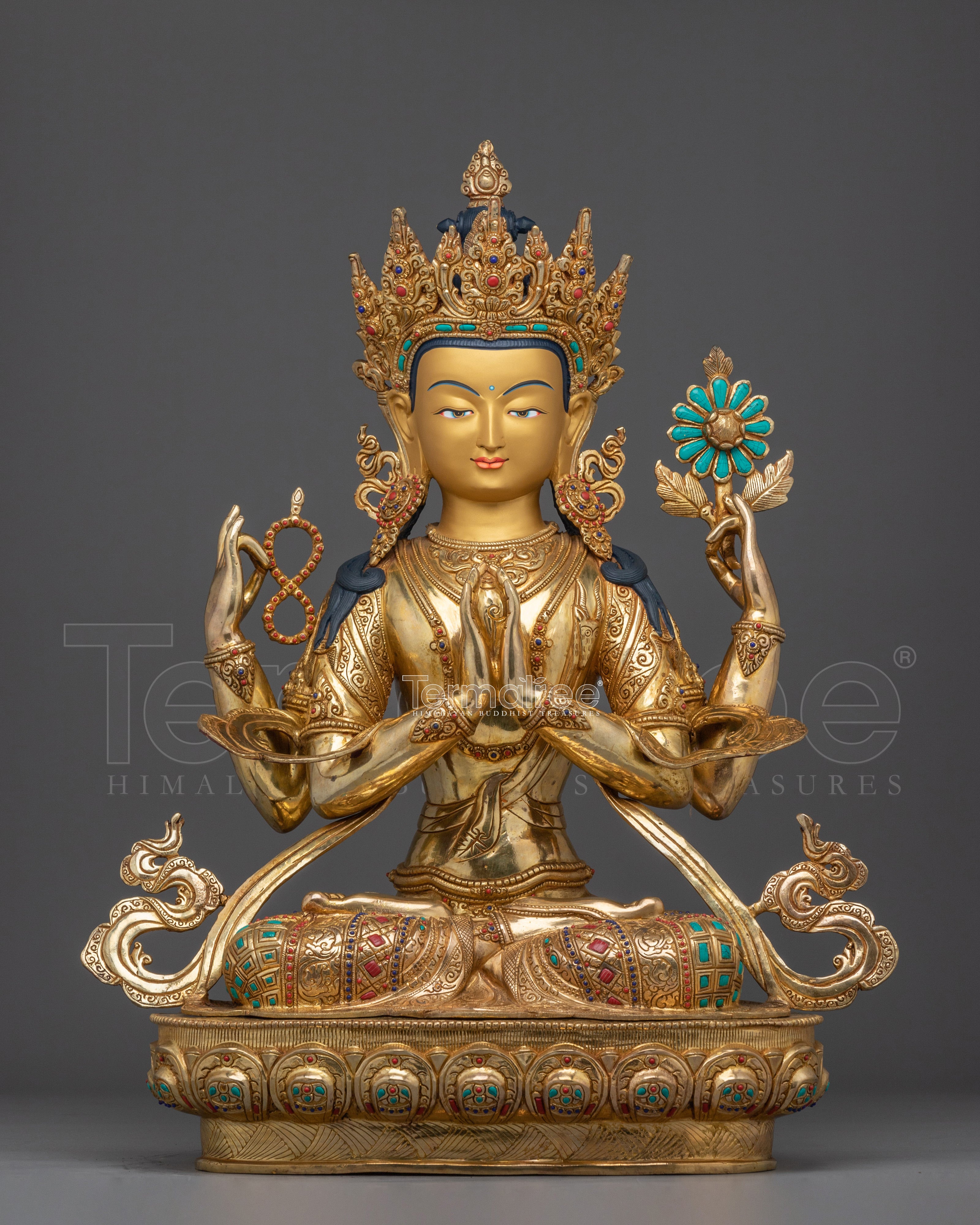 Gold Gilded Four Armed Chenrezig Statue with Copper for Meditation