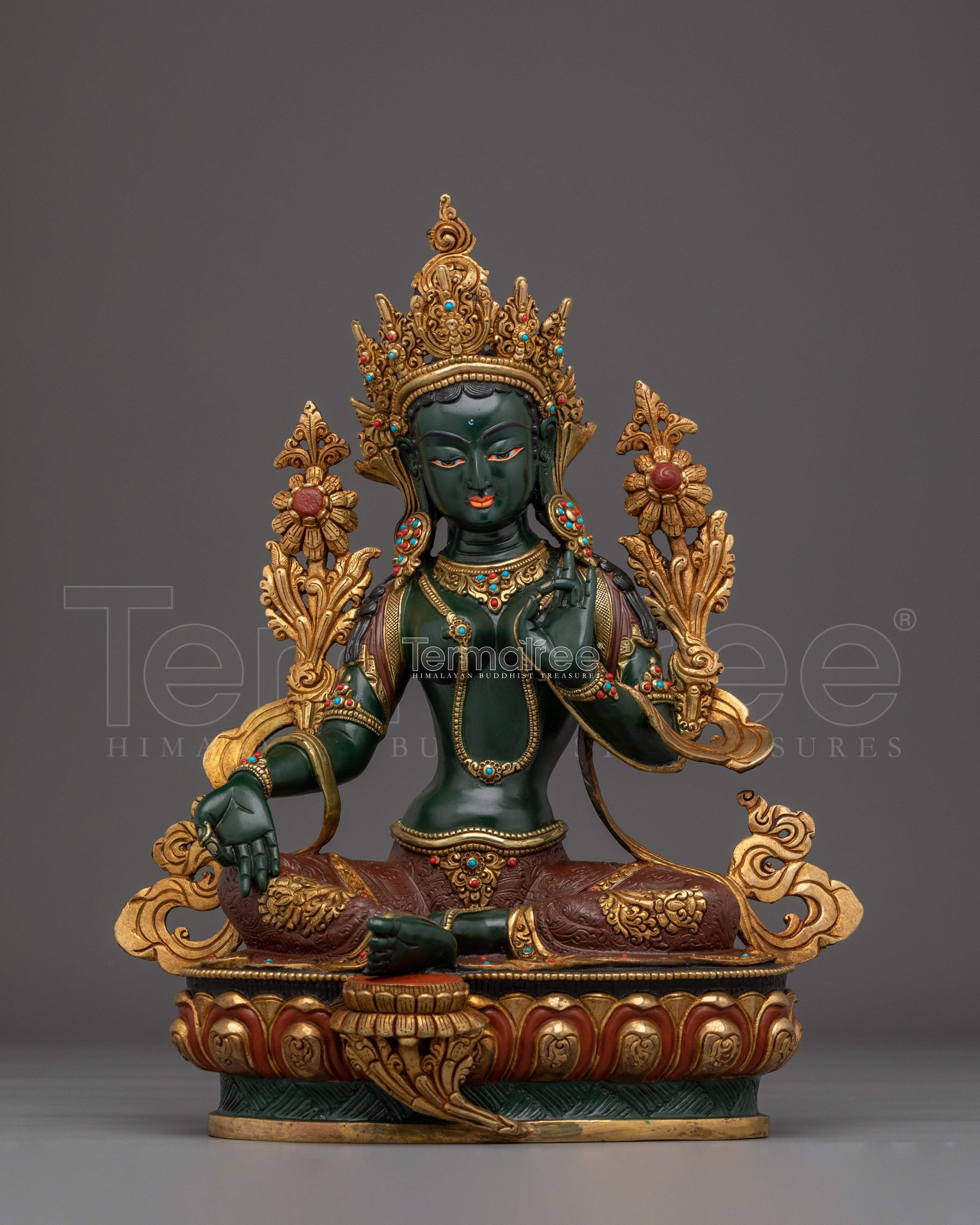 Green Tara Gold Gilded Copper Sculpture | Tibetan Goddess of Compassion