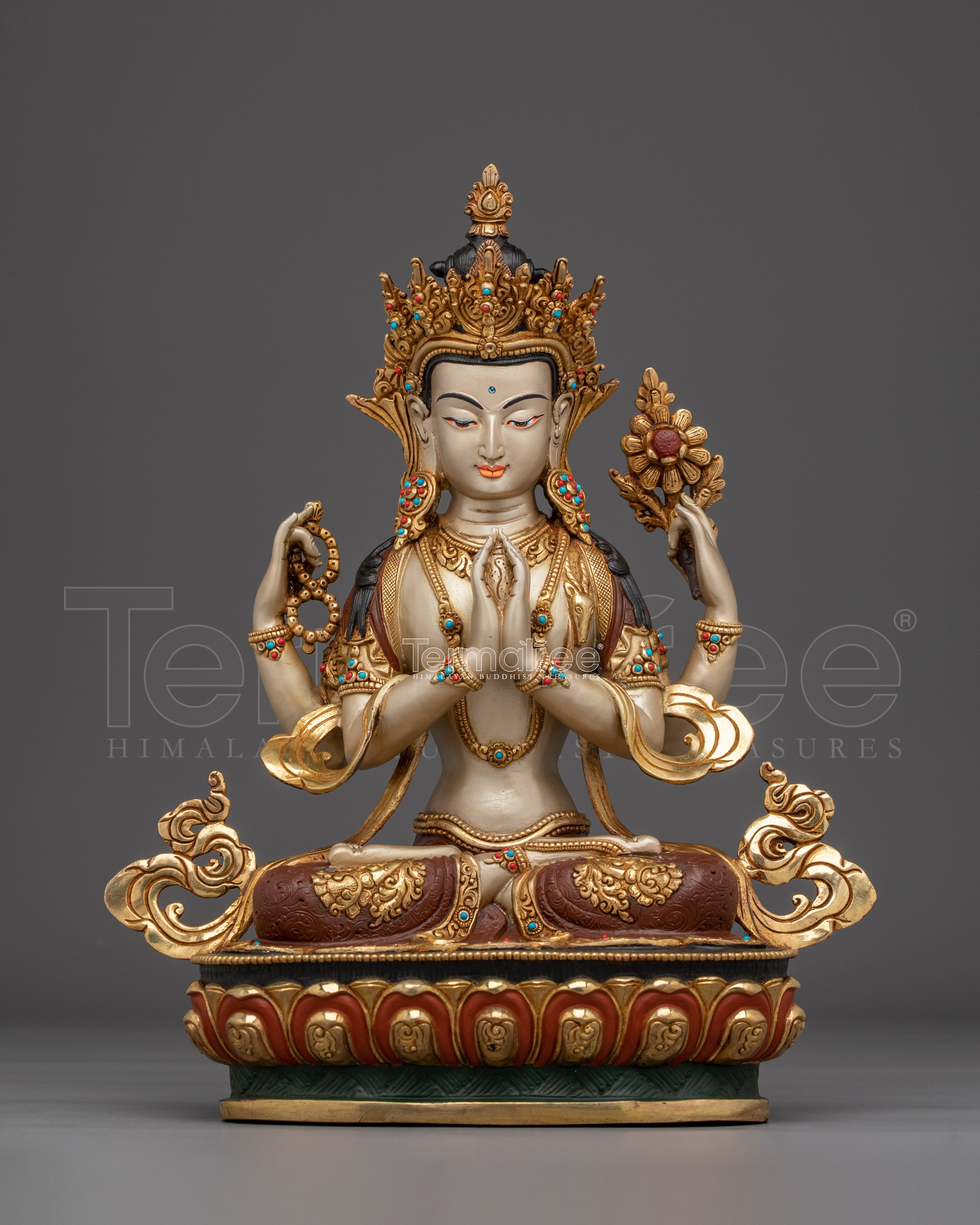 Gold Gilded Chenrezig Artwork with Copper Body | Tibetan Bodhisattva of Compassion