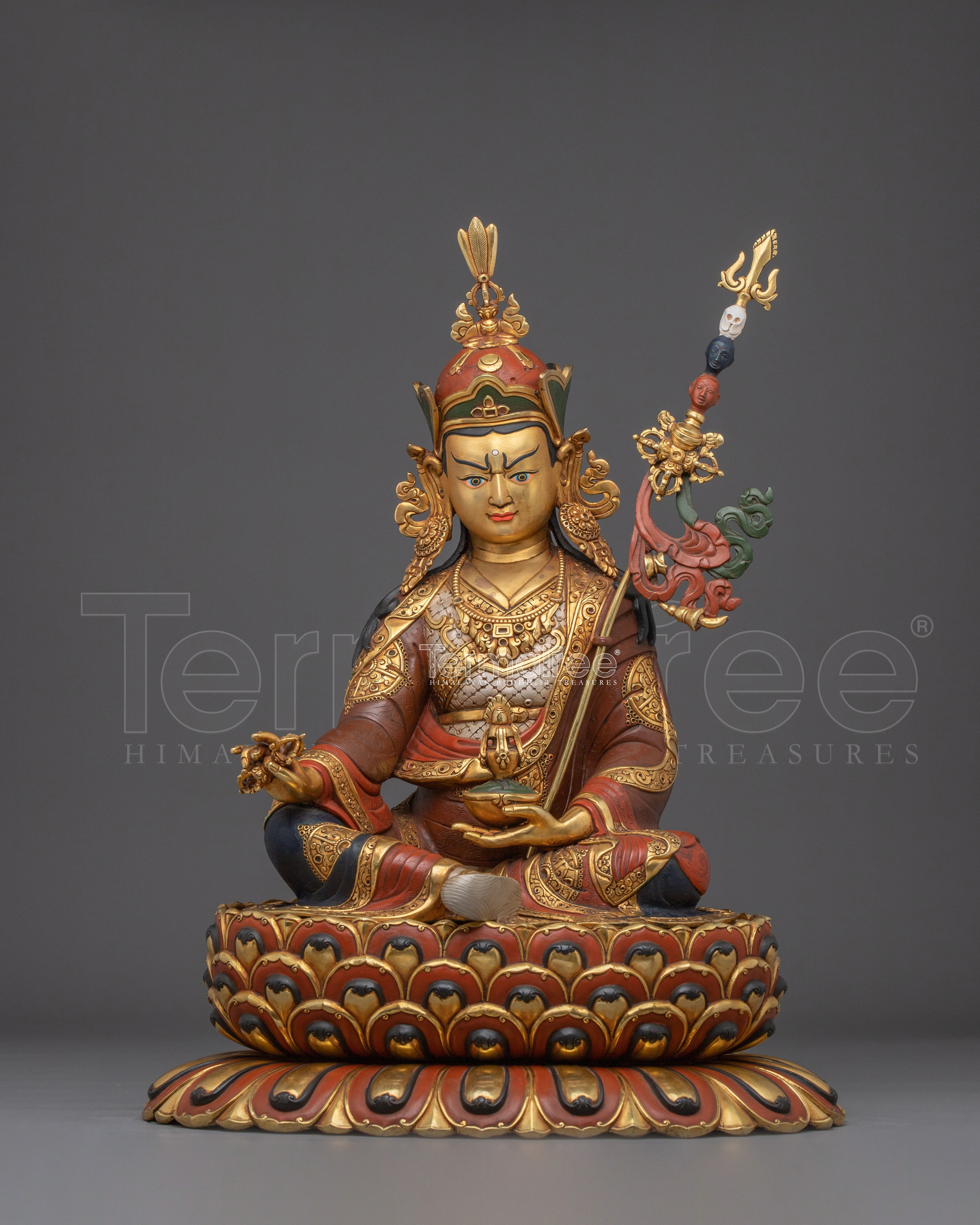 Guru Rinpoche Golden Statue Crafted with Copper | Tibetan Master Sculpture