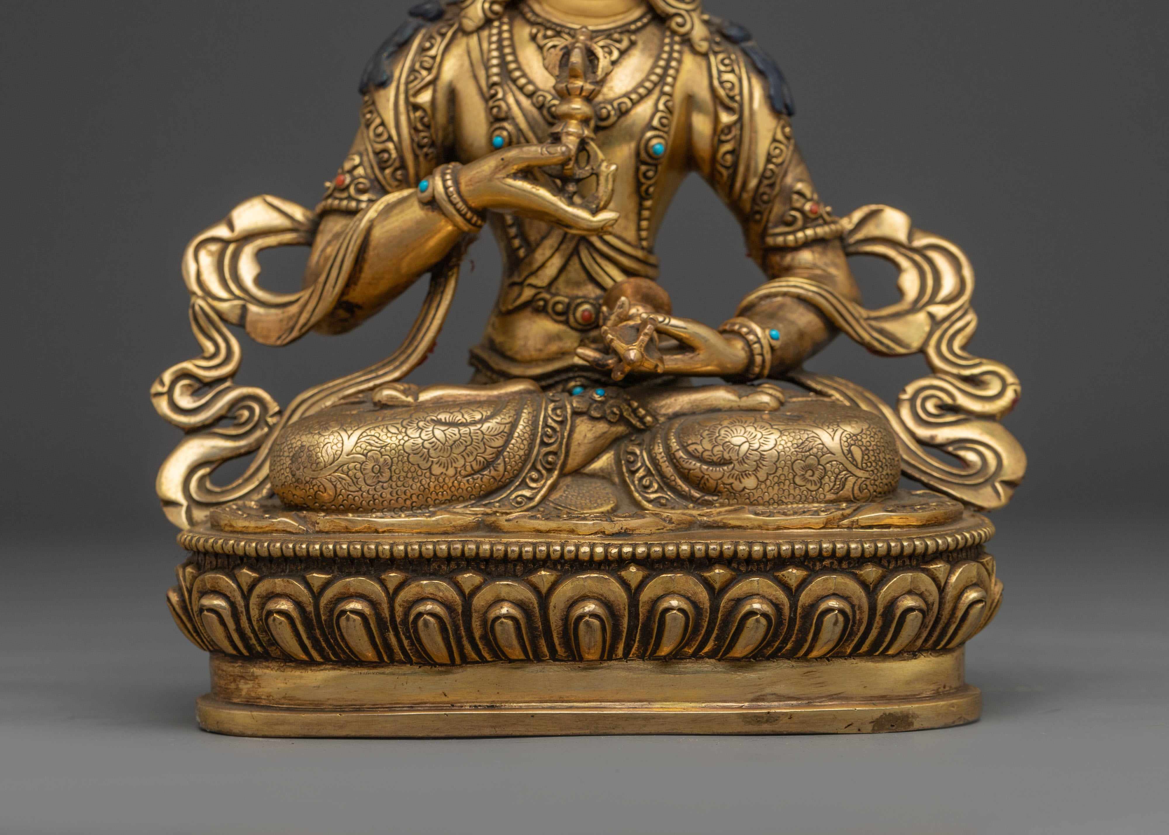 Gold Vajrasattva Statue with Gemstones | Copper Buddhist Deity for Altar and Purification