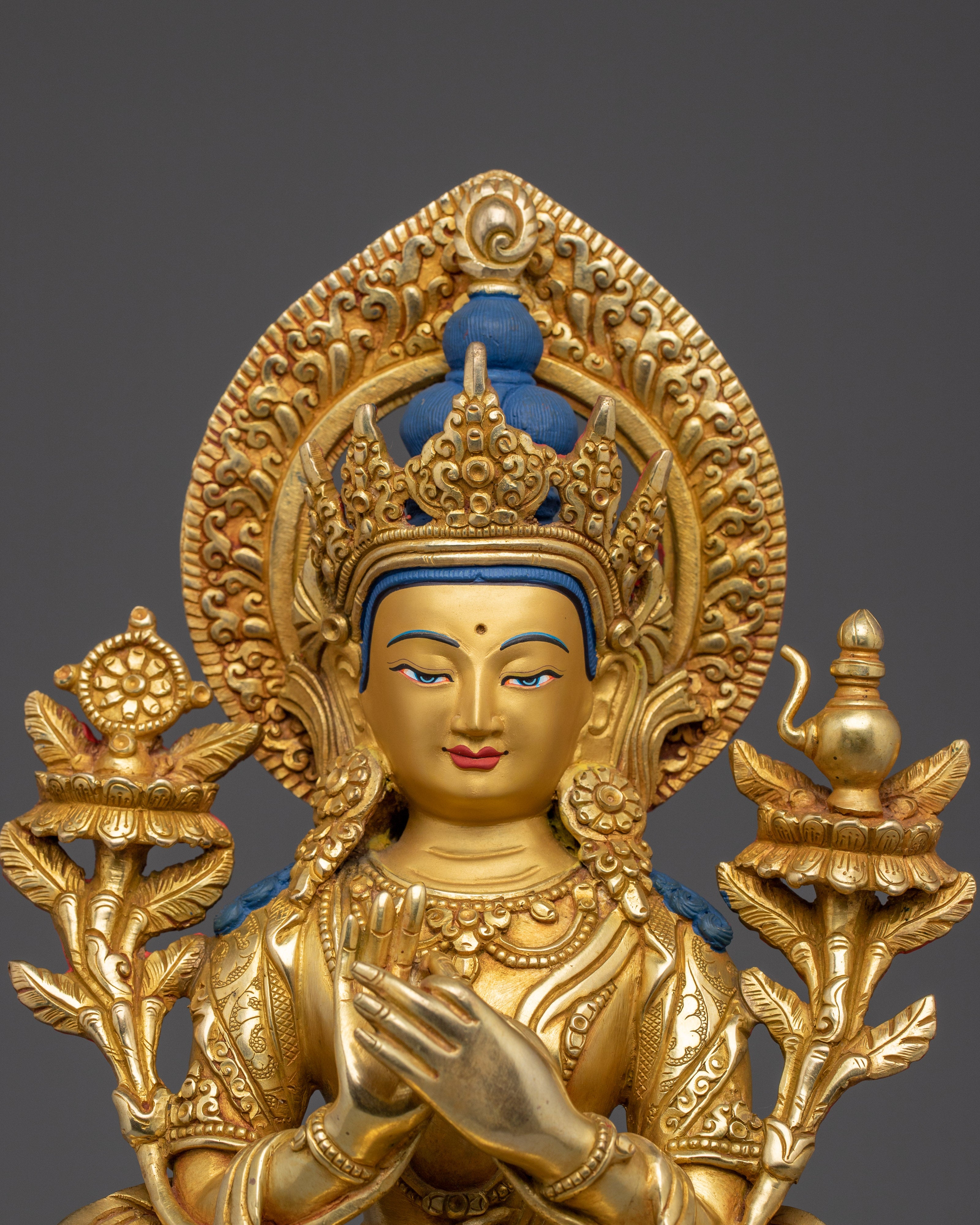 Maitreya Buddha Statue in Gold-Gilded and Copper | Sculpture for Peace & Loving Kindness