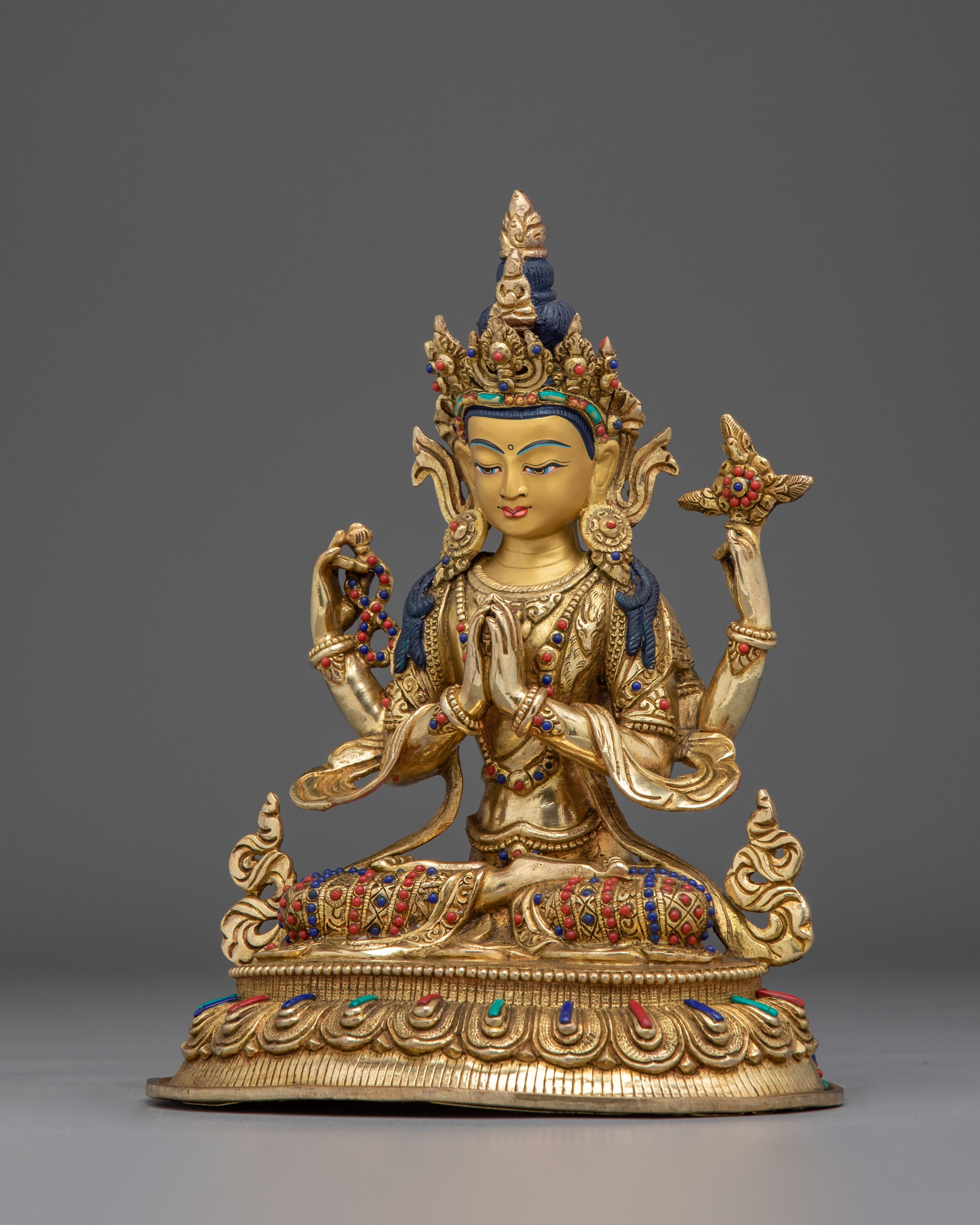 Chenrezig Buddha Copper and Gemstones Statue | Spiritual Perfect for Meditation