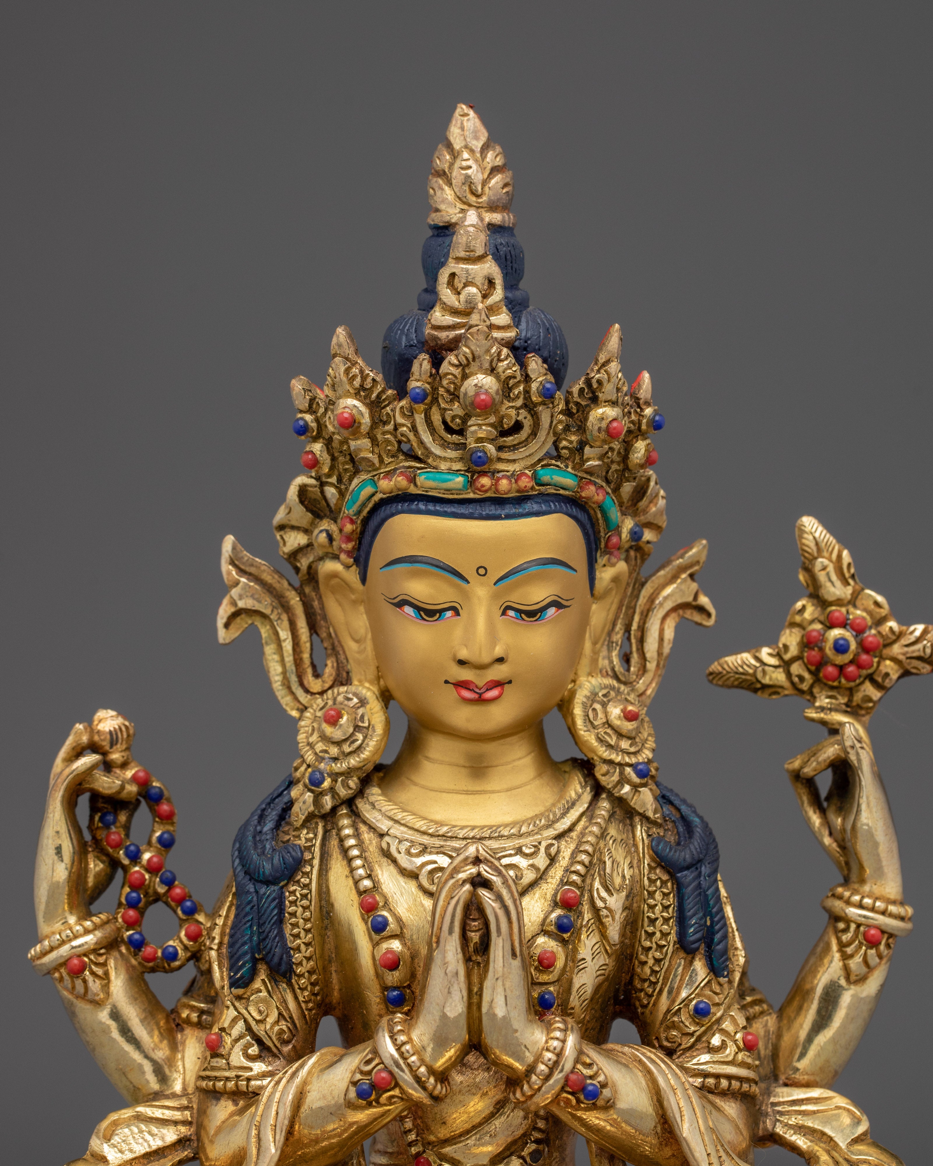 Chenrezig Buddha Copper and Gemstones Statue | Spiritual Perfect for Meditation