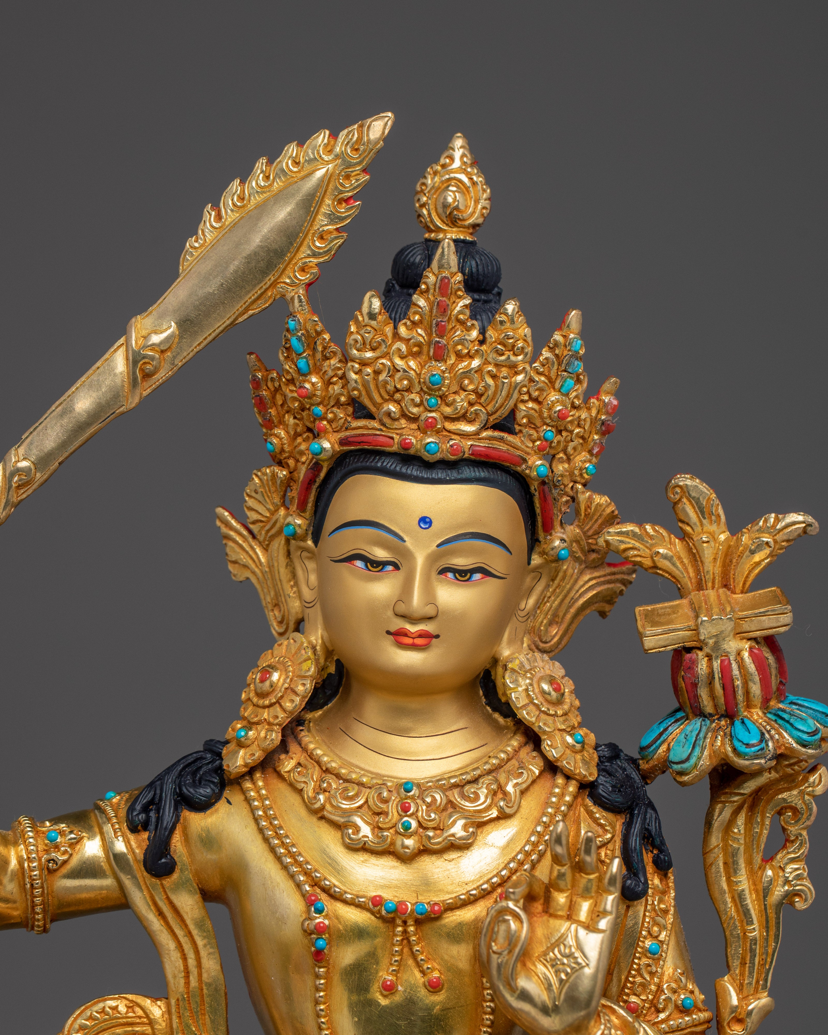 Manjushri Copper and Gemstone Statue | Ideal for Meditation, Spirituality