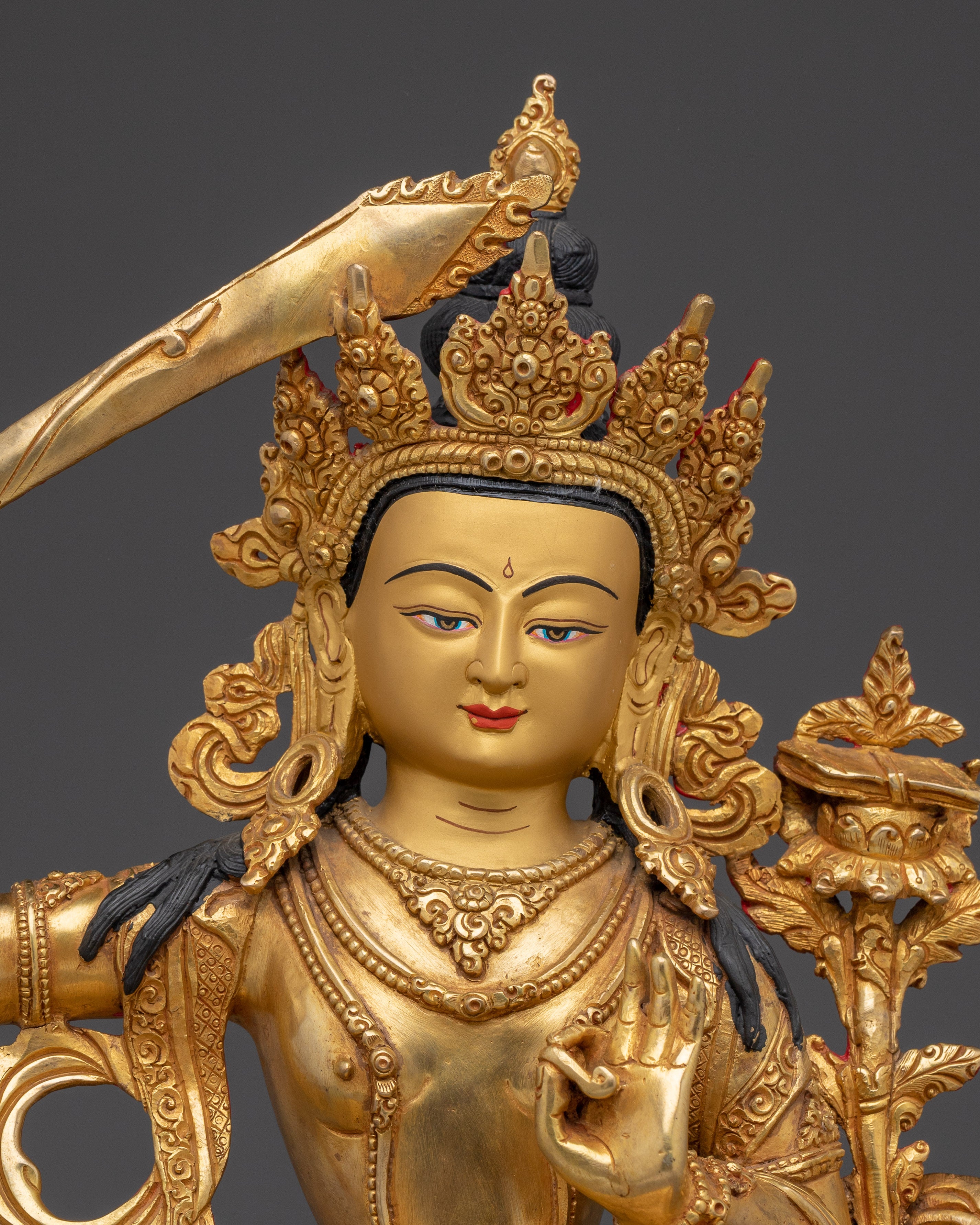 Buddhist Deity Manjushri Art for Wisdom | Gold Gilded Copper Statue