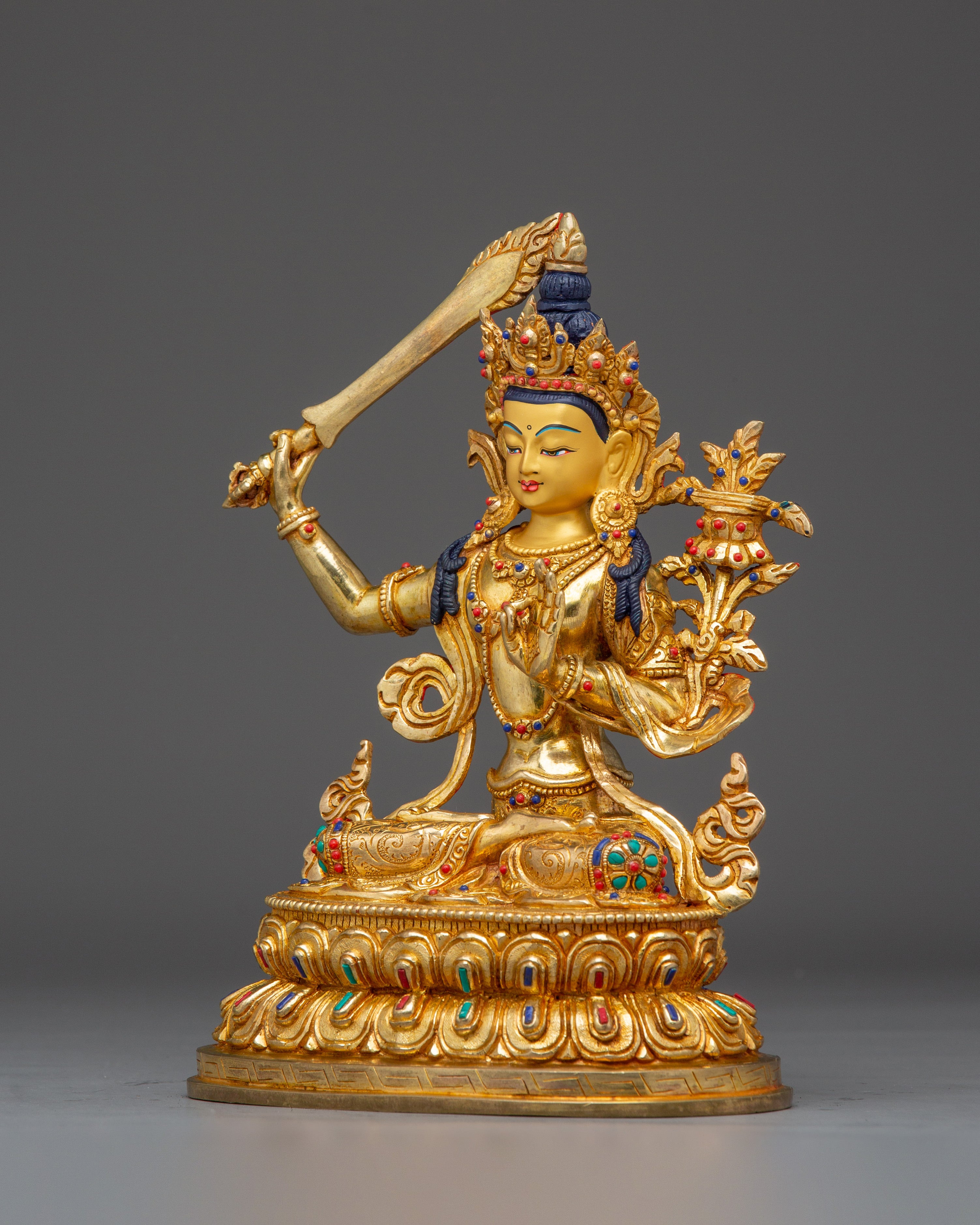 Manjushri Statue Seated in Double Petal Lotus Seat | 24K Gold Gilded Artwork