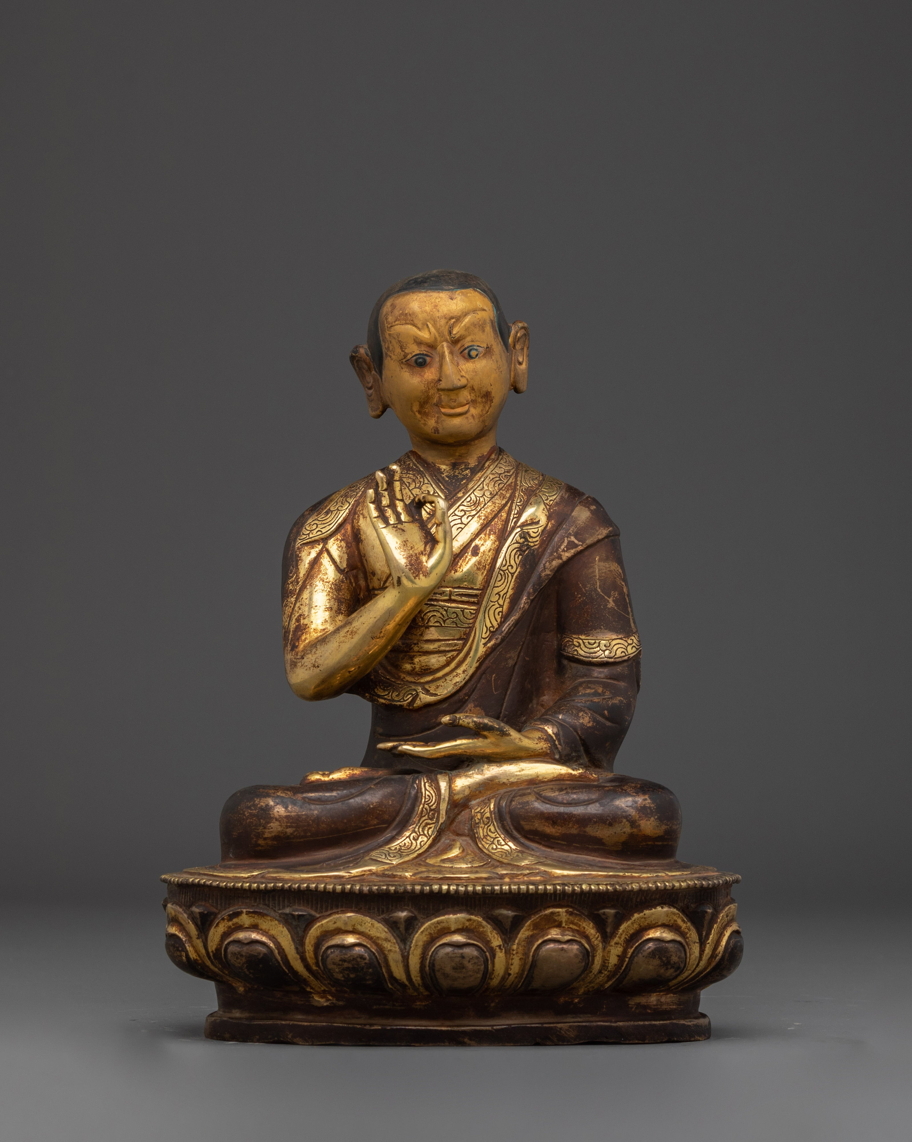 24K Gold-Gilded Tsongkhapa Set for Shrine | Handcrafted Copper Buddhist Statue