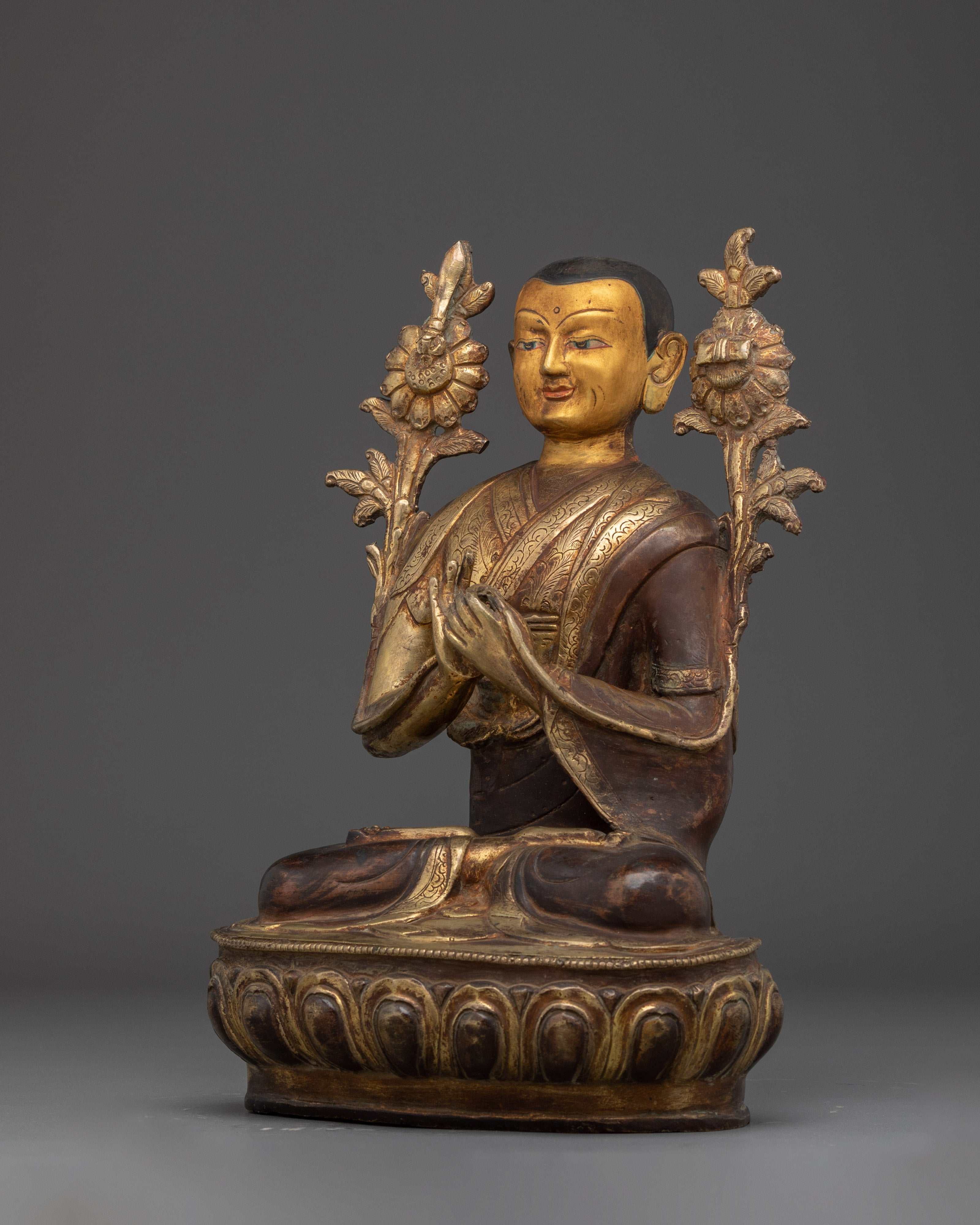 24K Gold-Gilded Tsongkhapa Set for Shrine | Handcrafted Copper Buddhist Statue