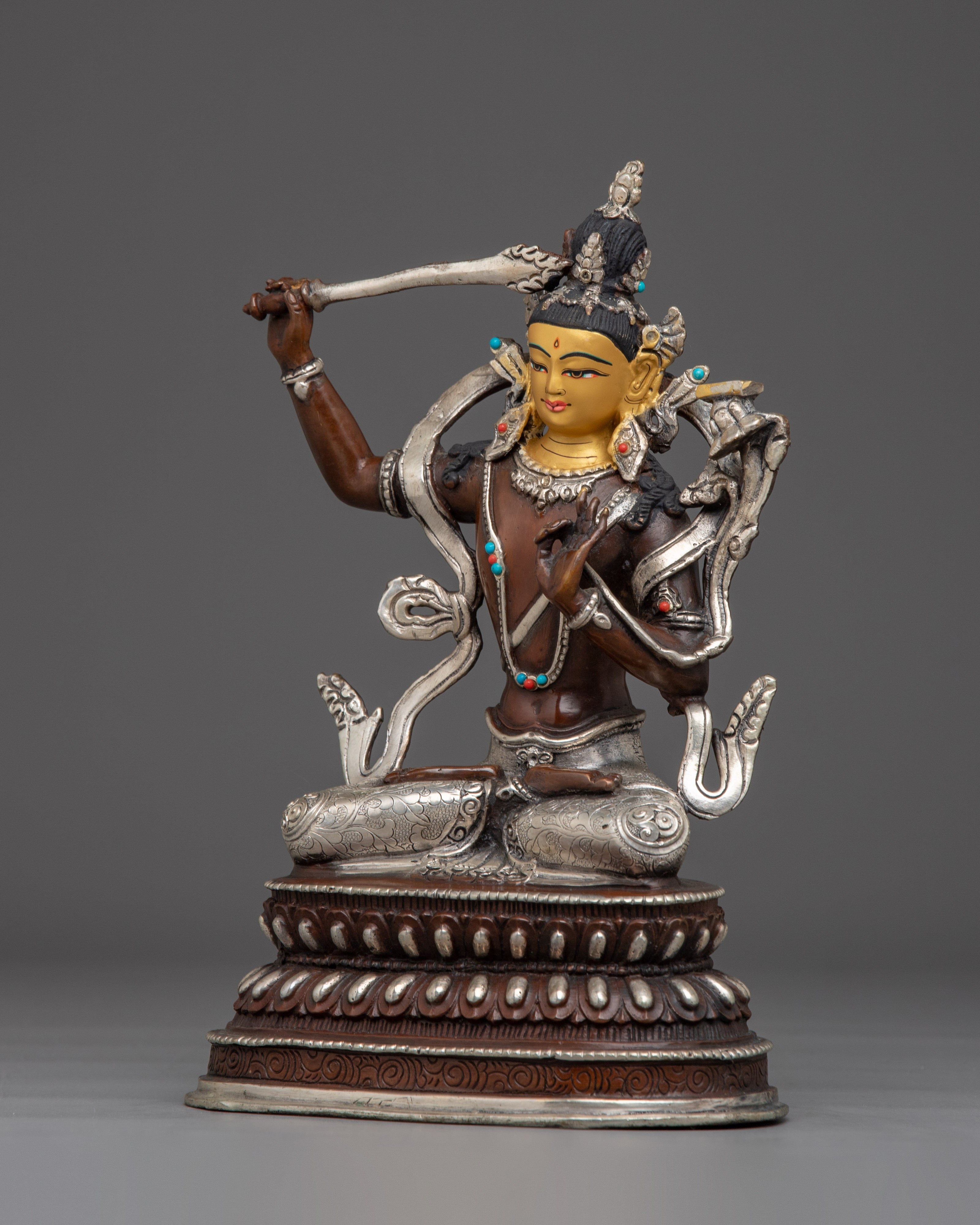 Manjushri Copper Statue with Silver & Gold | Symbol of Enlightenment, Sacred Knowledge