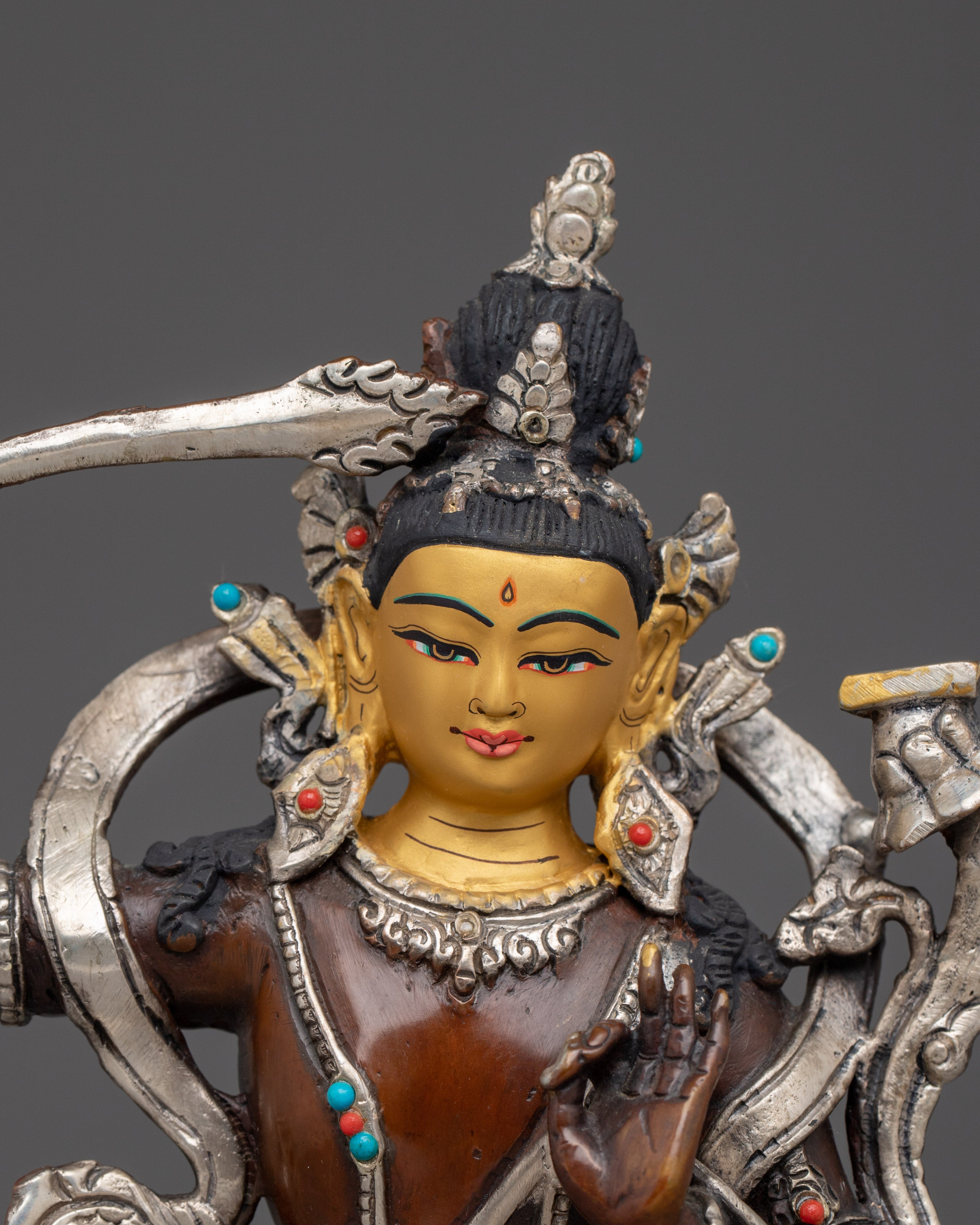 Manjushri Copper Statue with Silver & Gold | Symbol of Enlightenment, Sacred Knowledge