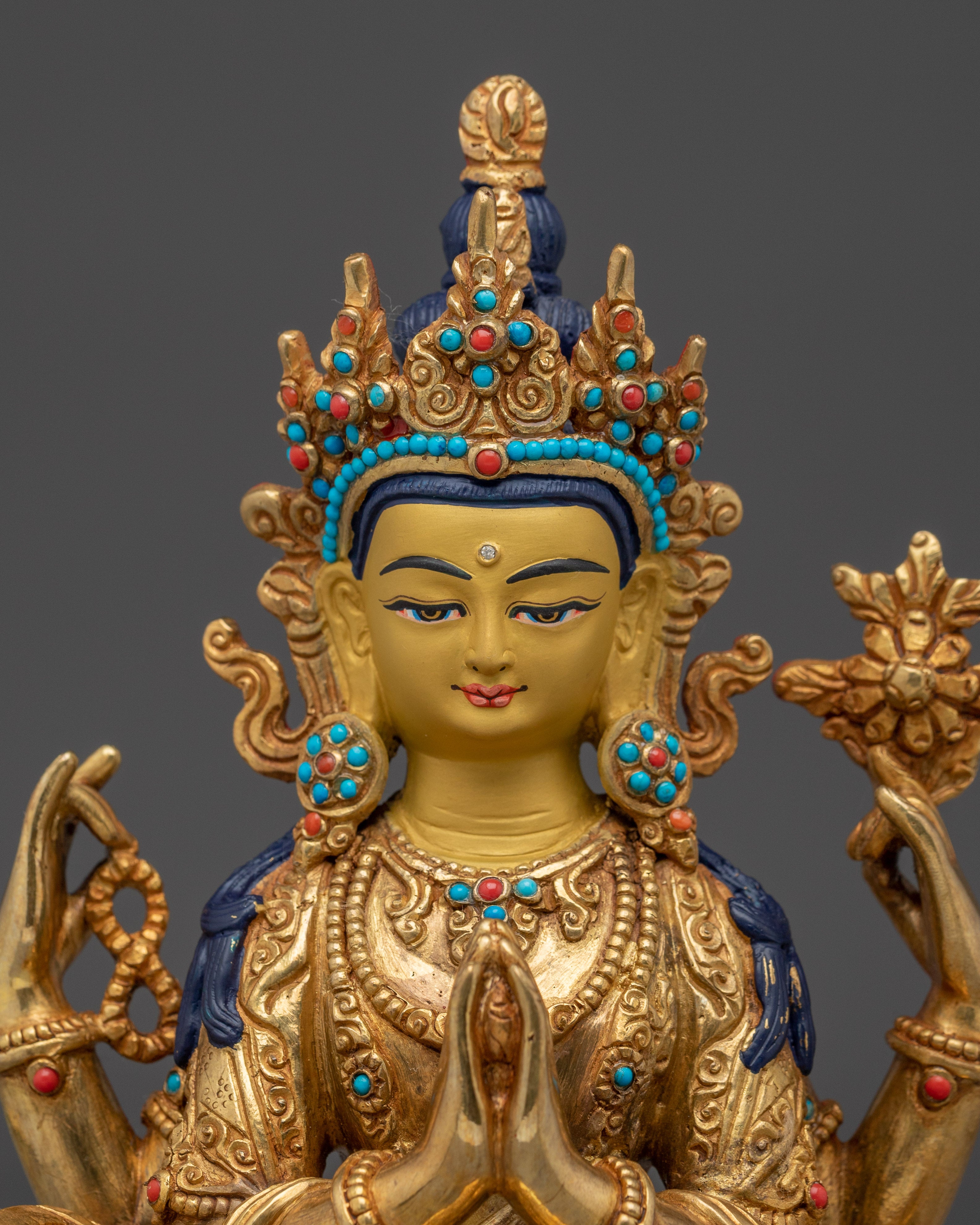 Handmade Tibetan Artwork of Golden Chenrezig | Compassionate Bodhisattva