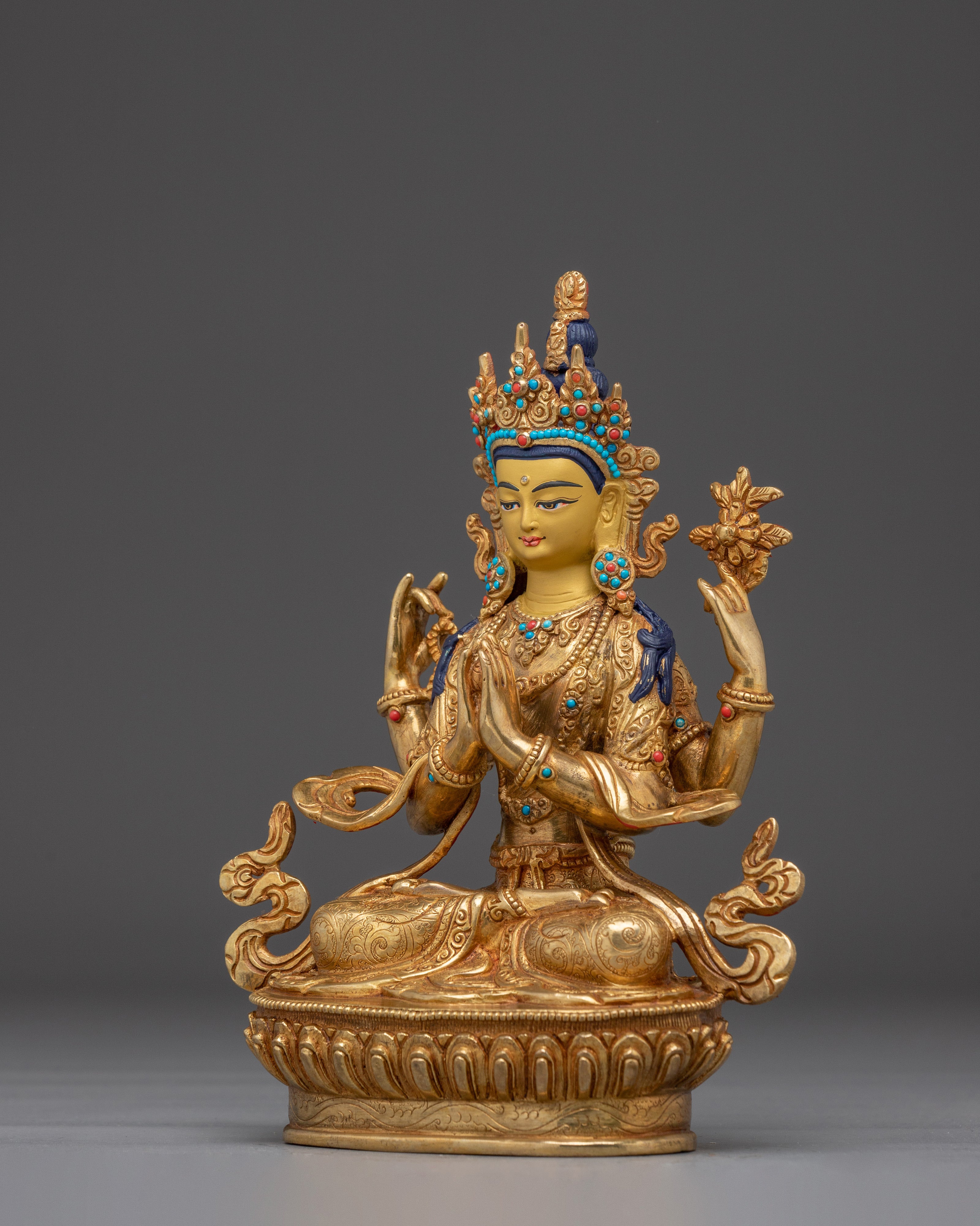 Handmade Tibetan Artwork of Golden Chenrezig | Compassionate Bodhisattva