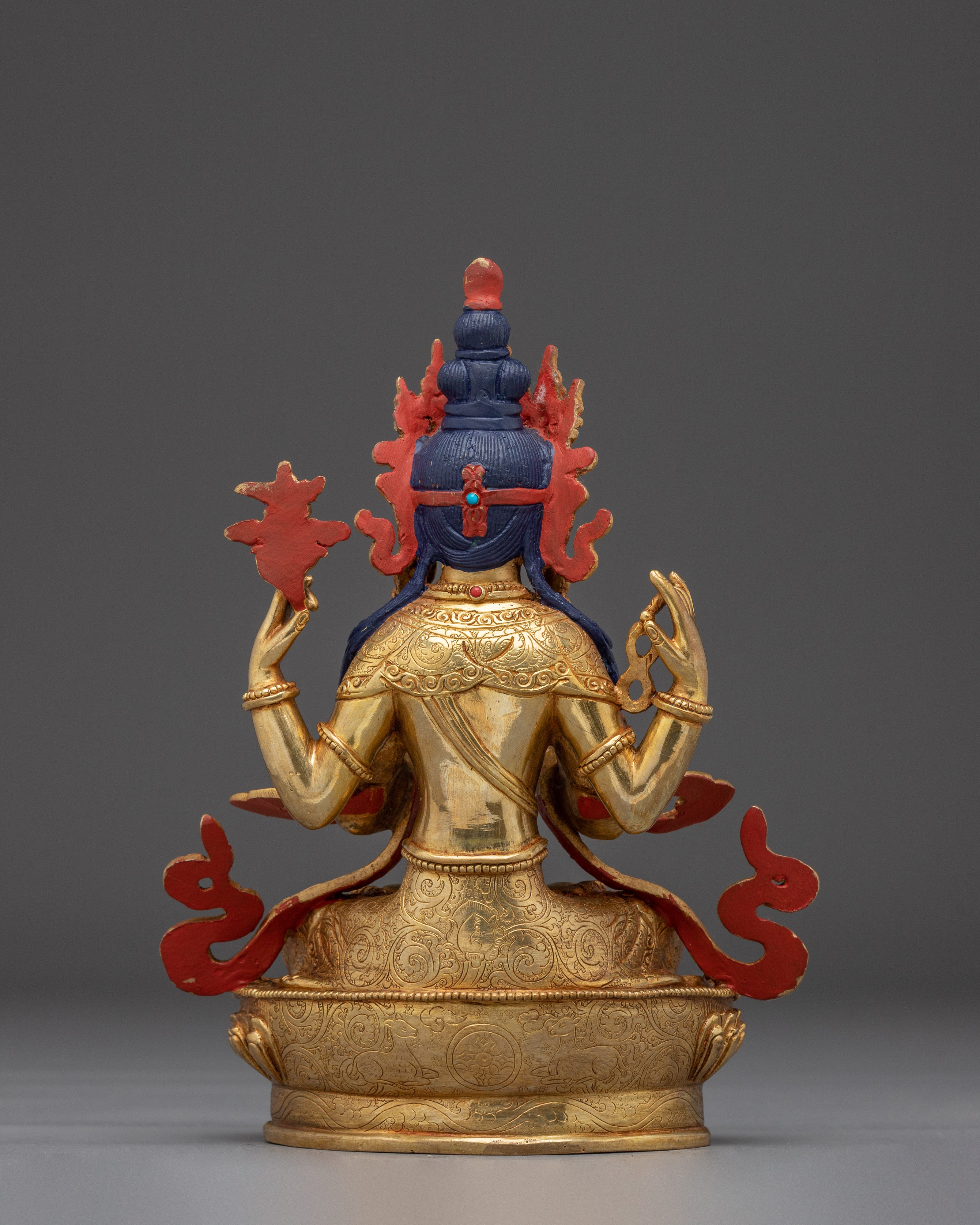 Handmade Tibetan Artwork of Golden Chenrezig | Compassionate Bodhisattva