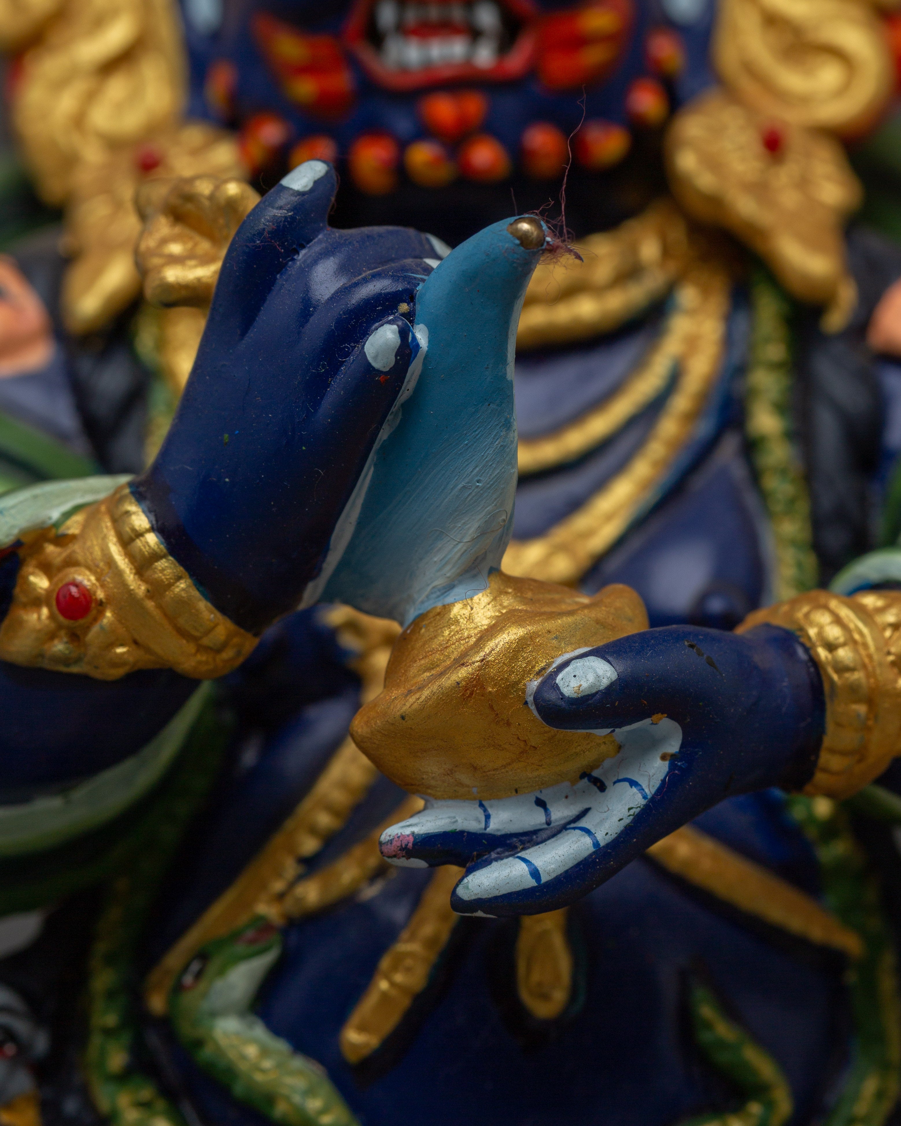 4 Arm Mahakala Copper Statue | Gold & Acrylic Painted Buddhist Protector Deity