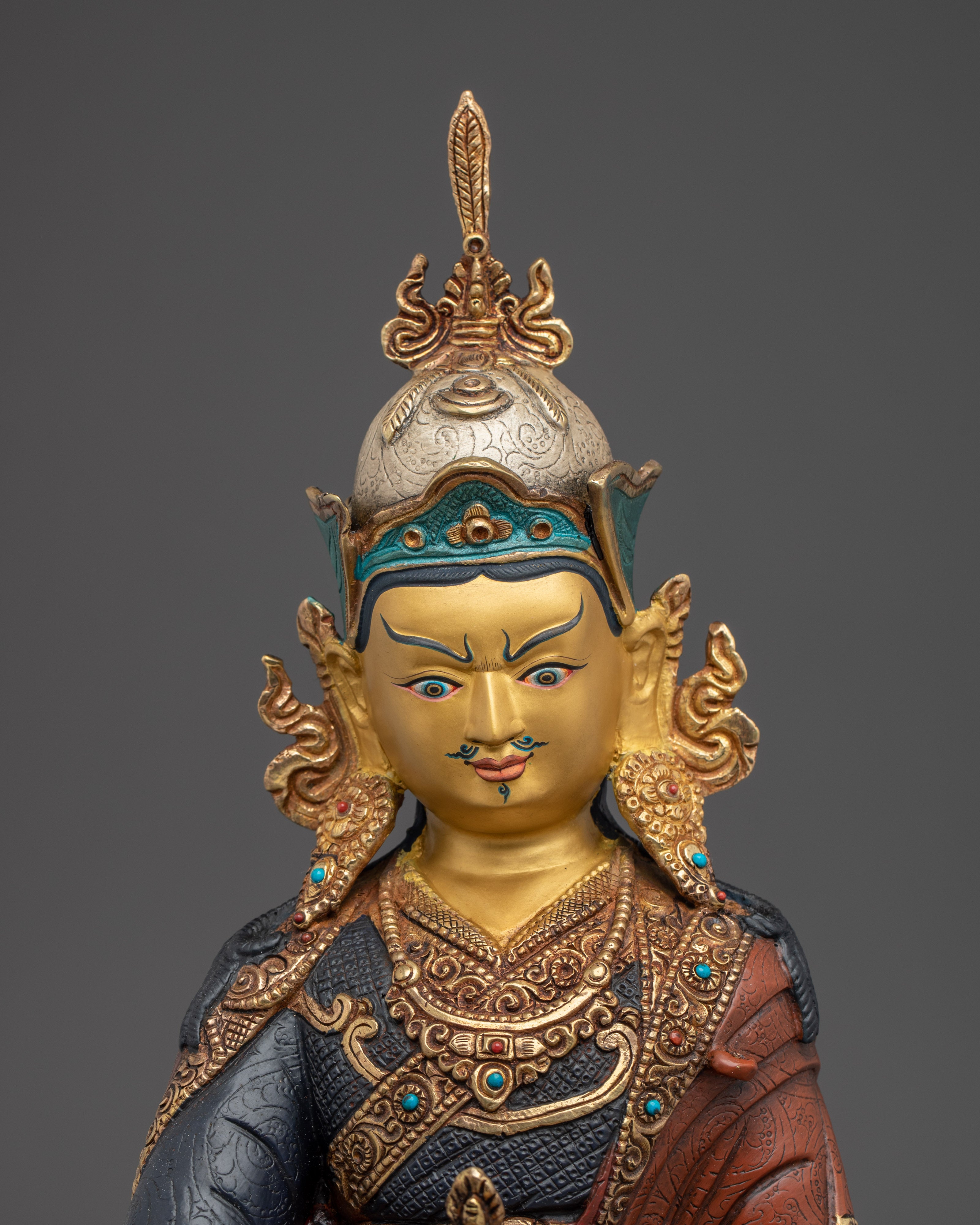 Guru Rinpoche Figure Gold & Acrylic Detailing | Buddhist Deity for Altar & Meditation