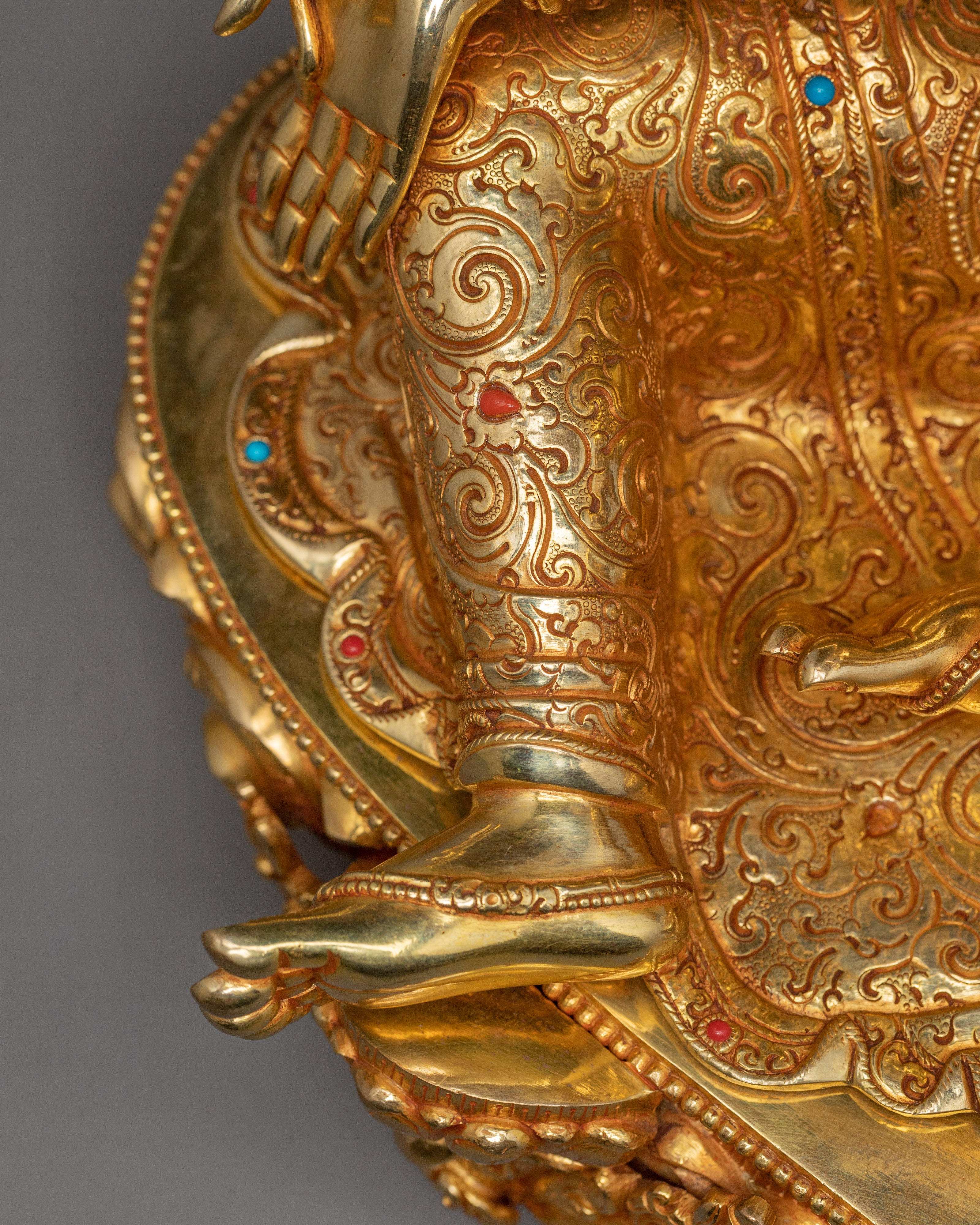 Green Tara Goddess of Compassion for Altar | Gold Gilded Buddhist Deity with Gemstones