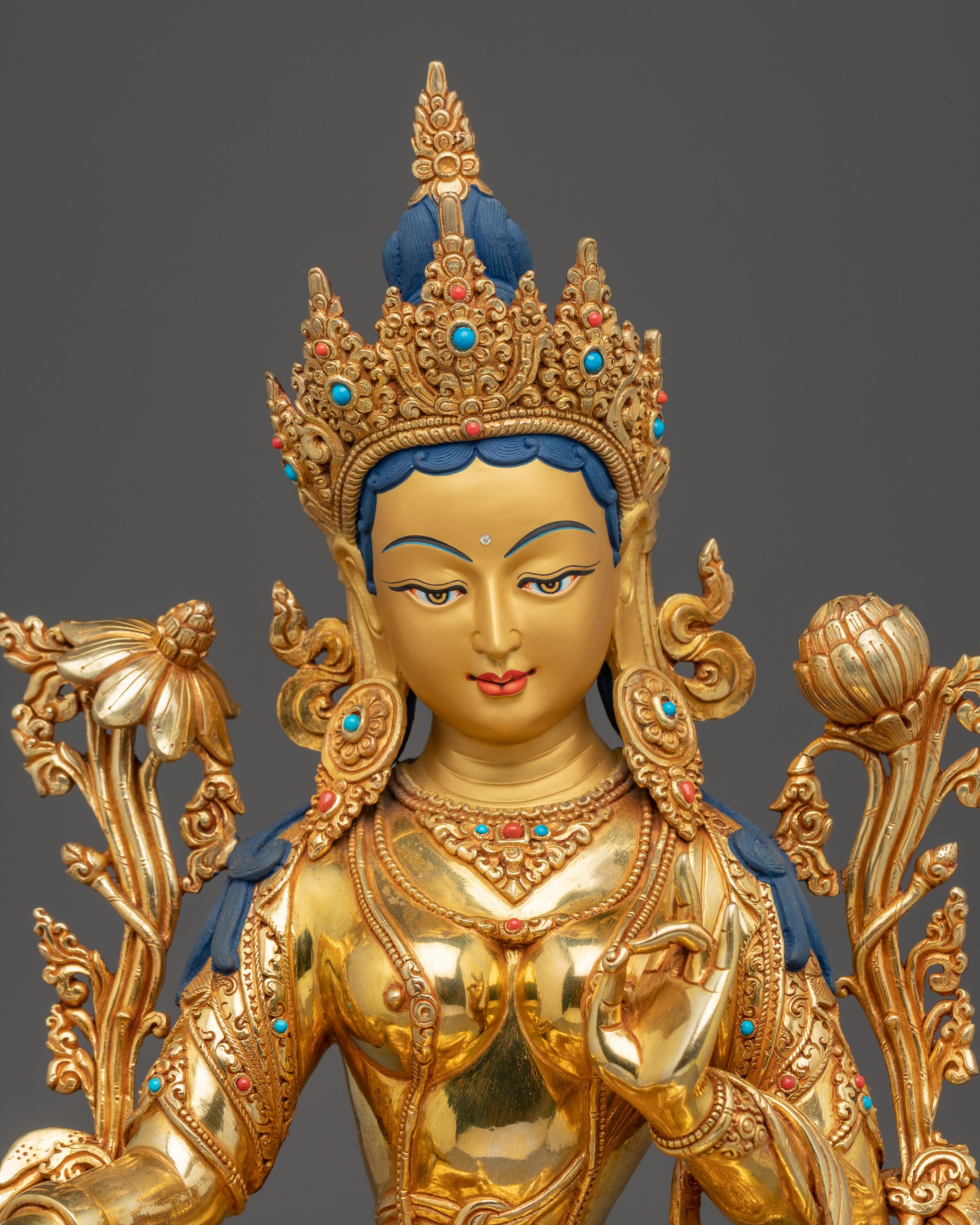 Green Tara Goddess of Compassion for Altar | Gold Gilded Buddhist Deity with Gemstones