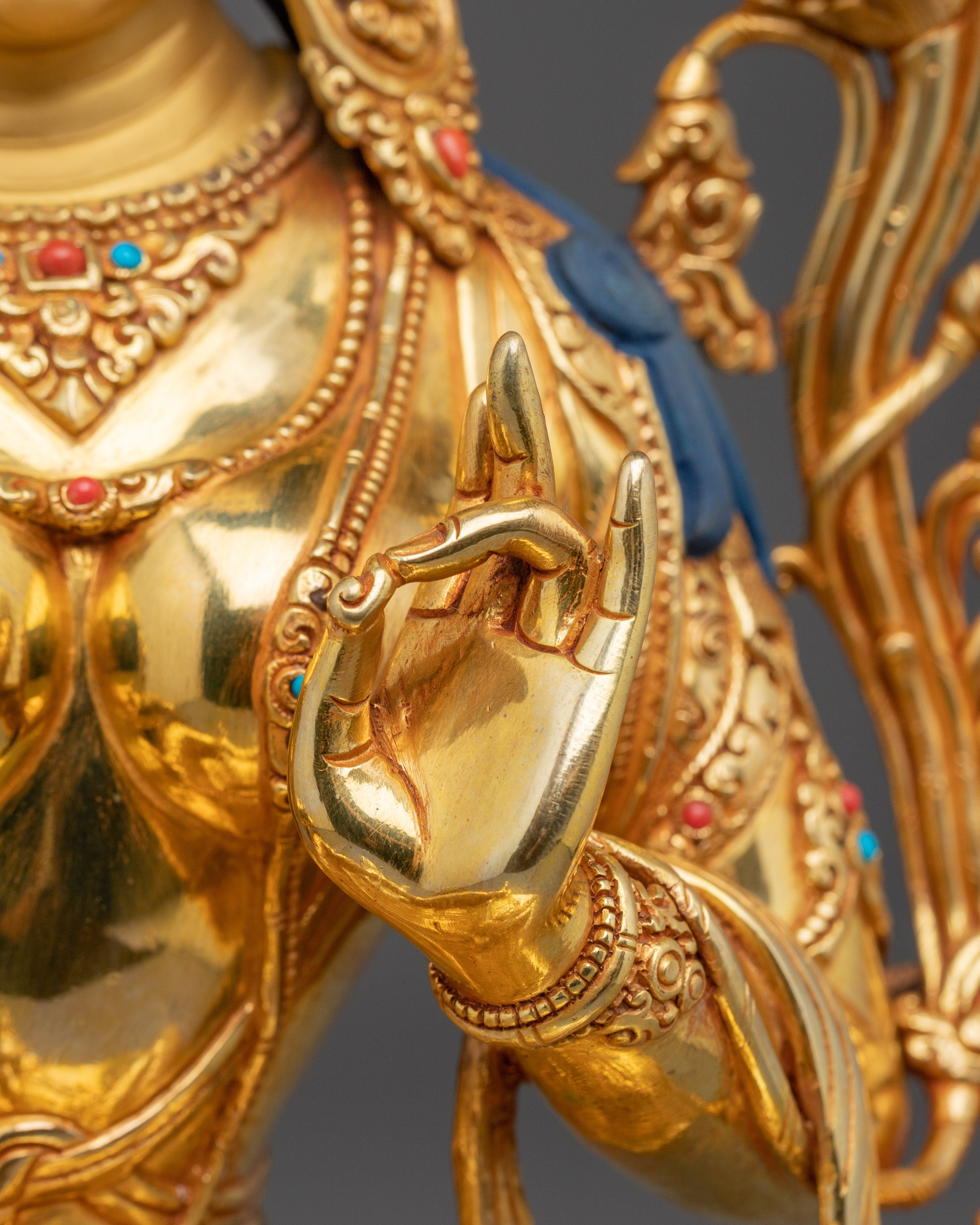 Green Tara Goddess of Compassion for Altar | Gold Gilded Buddhist Deity with Gemstones