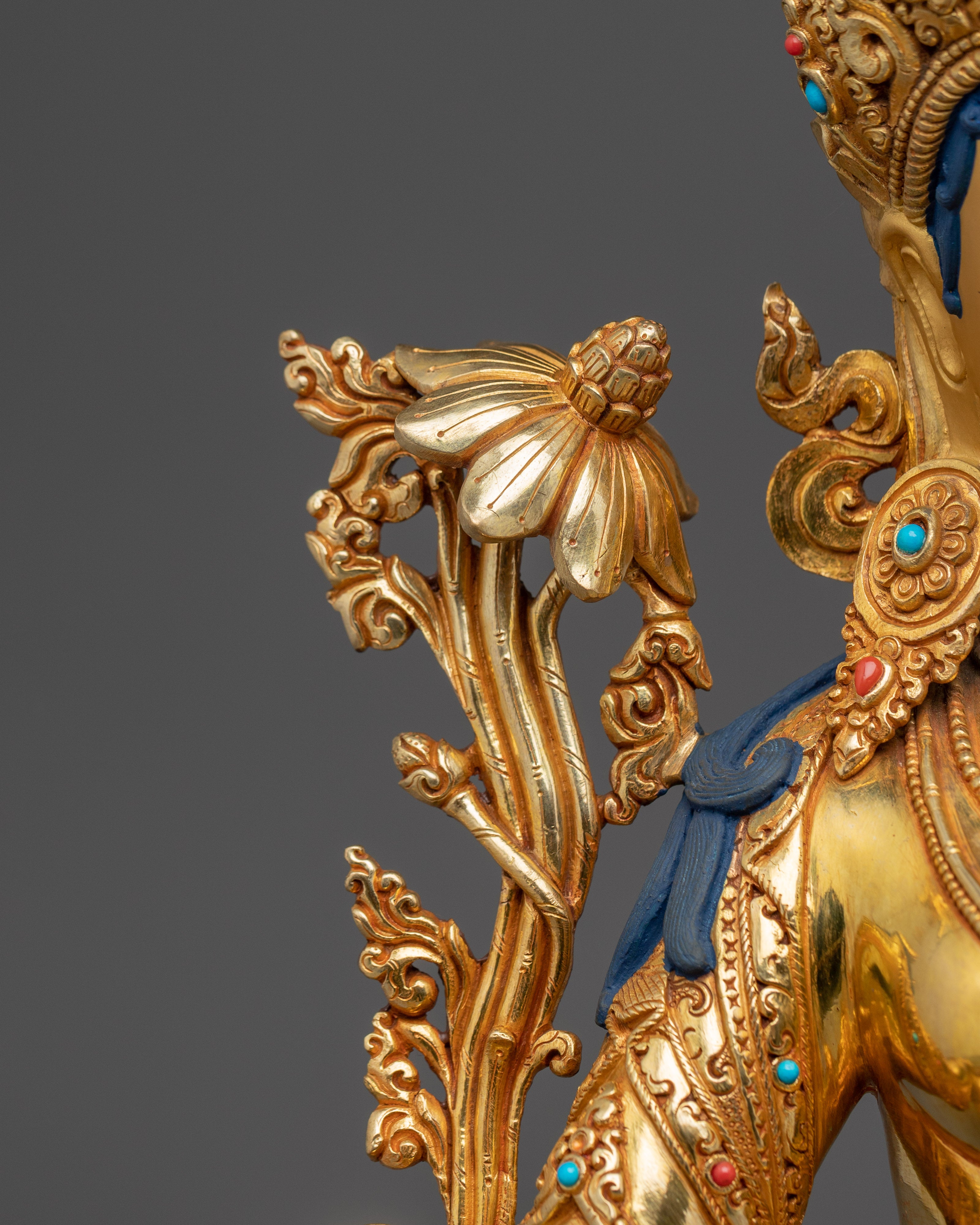 Green Tara Goddess of Compassion for Altar | Gold Gilded Buddhist Deity with Gemstones