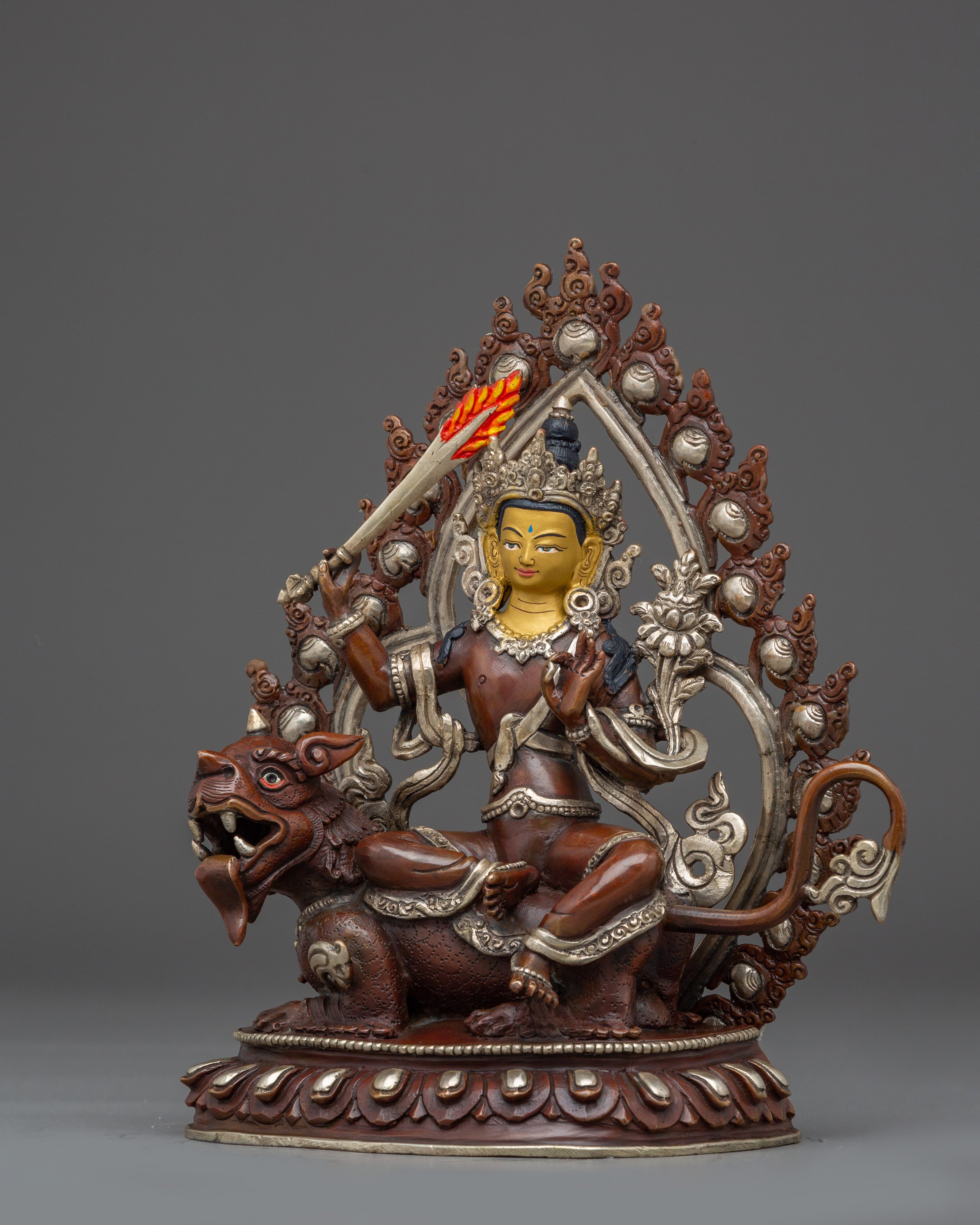 Simhanada Manjushri Copper Sculpture |  Sculpture of the Bodhisattva of Wisdom