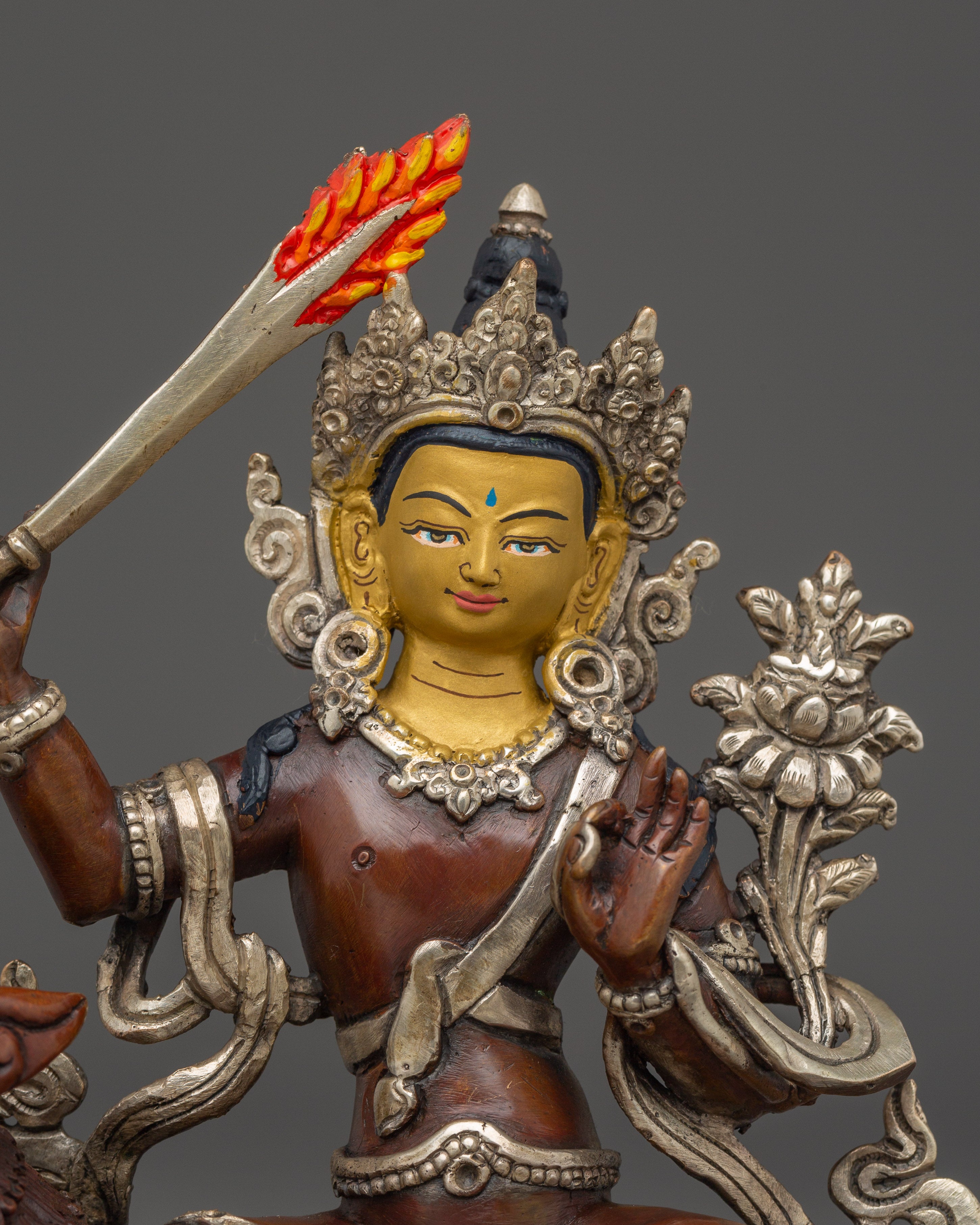 Simhanada Manjushri Copper Sculpture |  Sculpture of the Bodhisattva of Wisdom