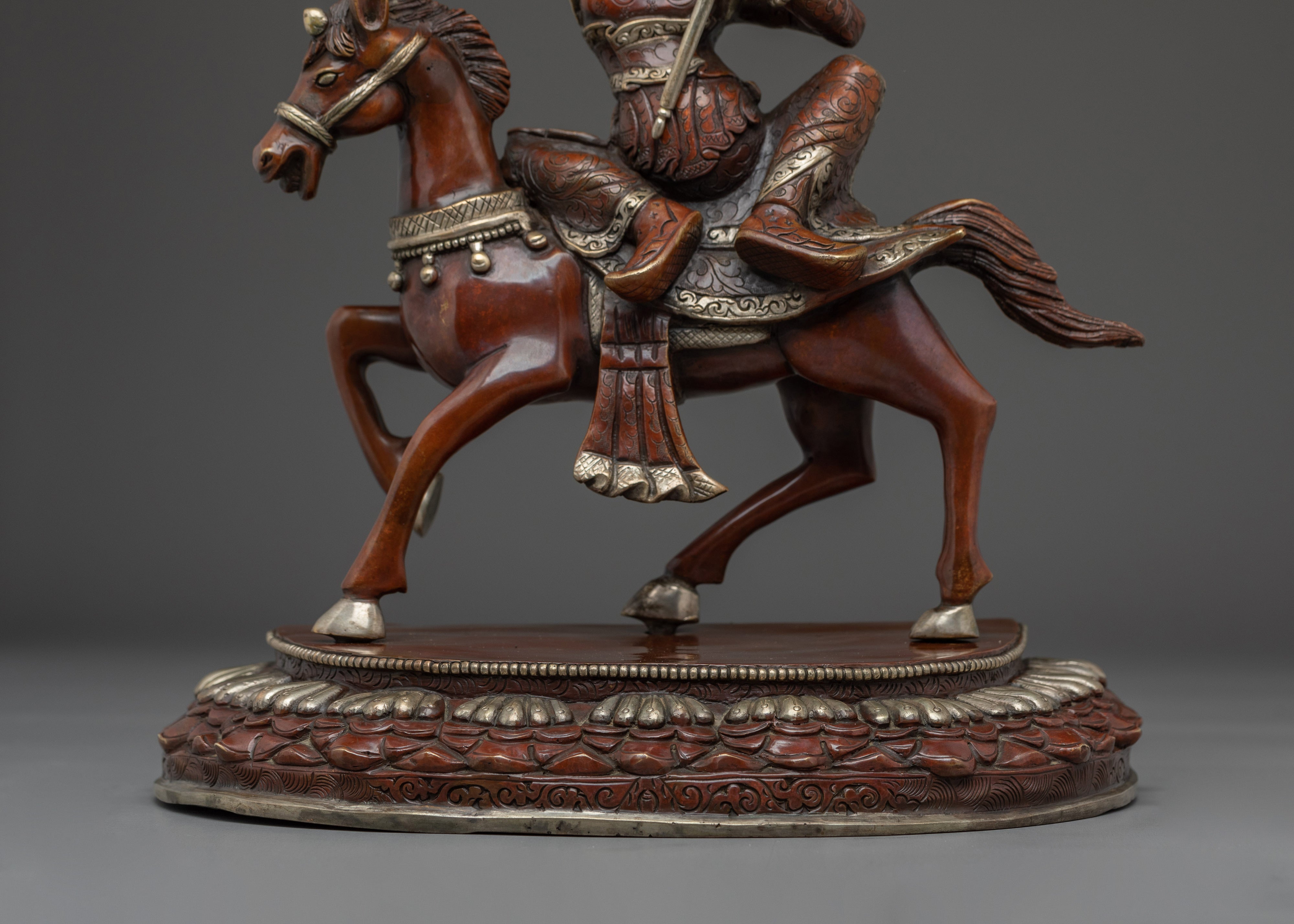 King Gesar Silver Plated Copper Sculpture | Tibetan Warrior King on Horse